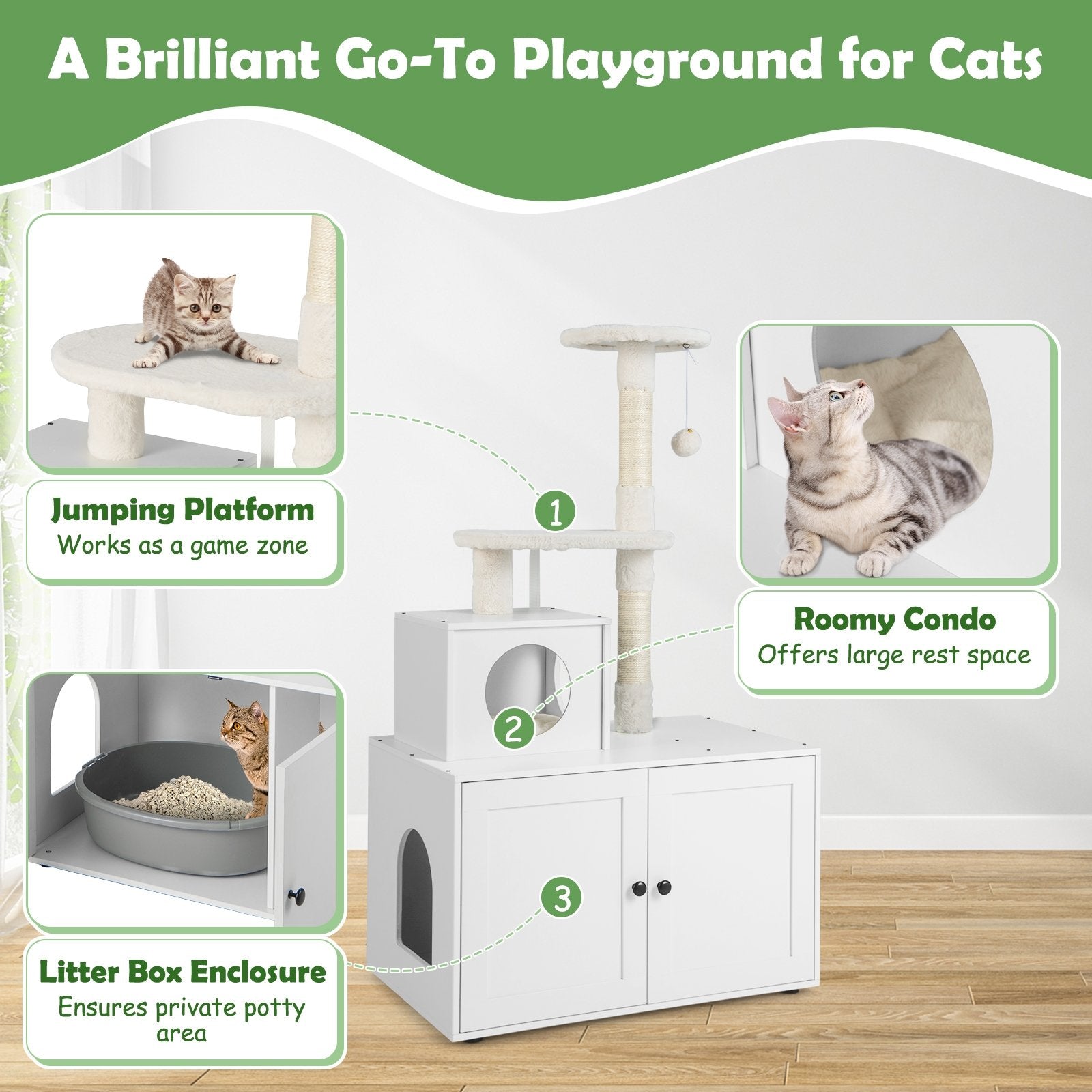 Cat Tree with Litter Box Enclosure with Cat Condo, White Cat Trees Condos & Scratchers   at Gallery Canada