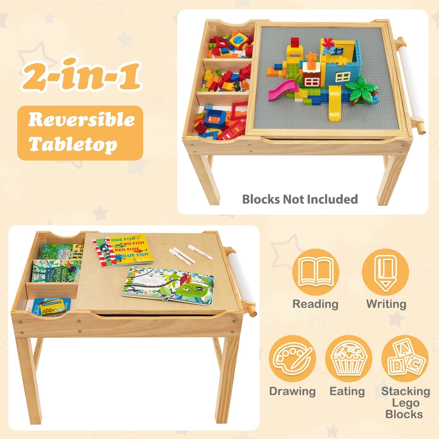 Kids Multi Activity Play Table Wooden Building Block Desk with Storage Paper Roll, Natural Kids Table & Chair Sets   at Gallery Canada