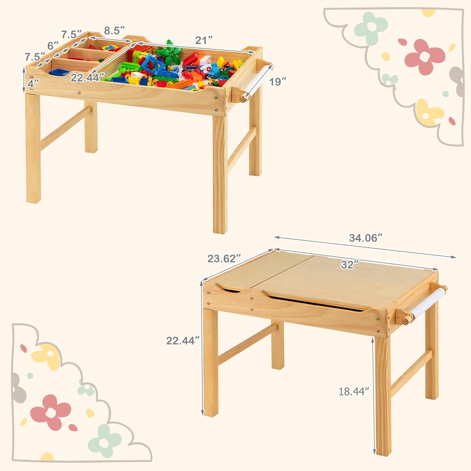 Kids Multi Activity Play Table Wooden Building Block Desk with Storage Paper Roll, Natural Kids Table & Chair Sets   at Gallery Canada