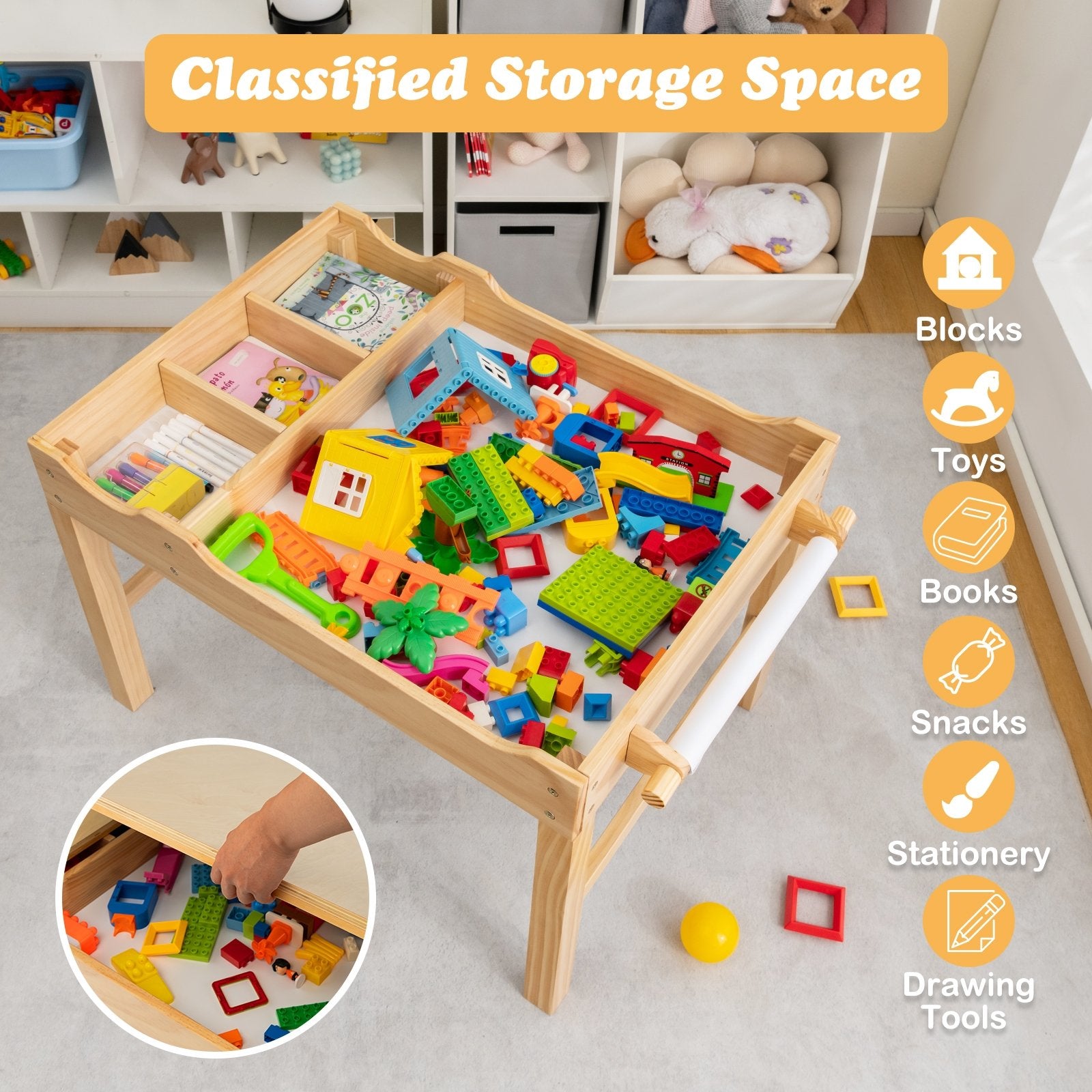 Kids Multi Activity Play Table Wooden Building Block Desk with Storage Paper Roll, Natural Kids Table & Chair Sets   at Gallery Canada