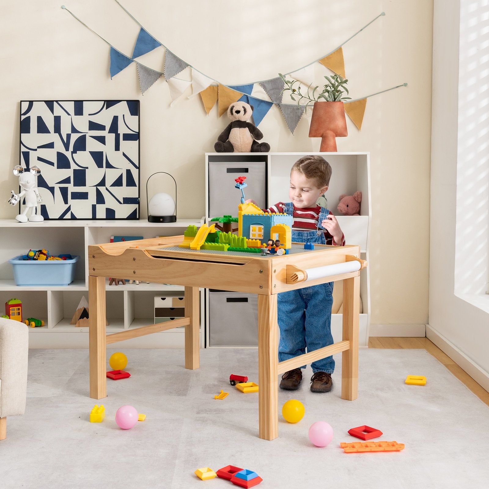 Kids Multi Activity Play Table Wooden Building Block Desk with Storage Paper Roll, Natural Kids Table & Chair Sets   at Gallery Canada