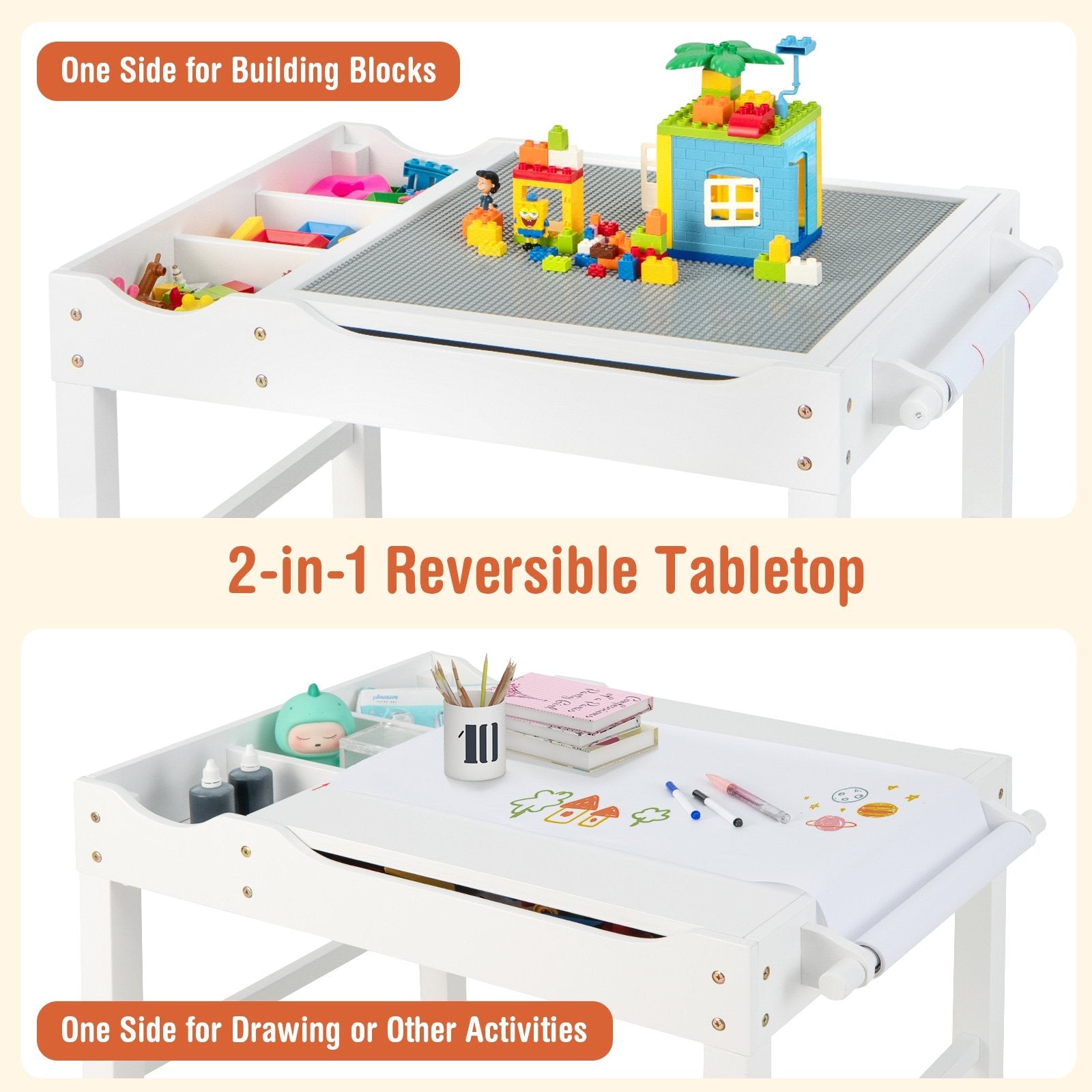 Wooden Kids Multi Activity Play Table with Storage Paper Roll, White Kids Table & Chair Sets   at Gallery Canada