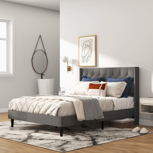 Full/Queen Size Upholstered Platform Bed with Button Tufted Headboard-Full Size, Gray Simple Bed Frame   at Gallery Canada