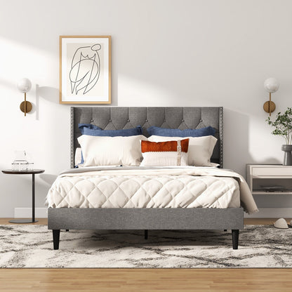 Full/Queen Size Upholstered Platform Bed with Button Tufted Headboard-Full Size, Gray Simple Bed Frame   at Gallery Canada