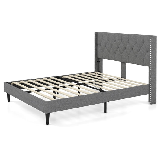 Full/Queen Size Upholstered Platform Bed with Button Tufted Headboard-Full Size, Gray Simple Bed Frame   at Gallery Canada