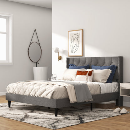 Full/Queen Size Upholstered Platform Bed with Button Tufted Headboard-Queen Size, Gray Simple Bed Frame   at Gallery Canada