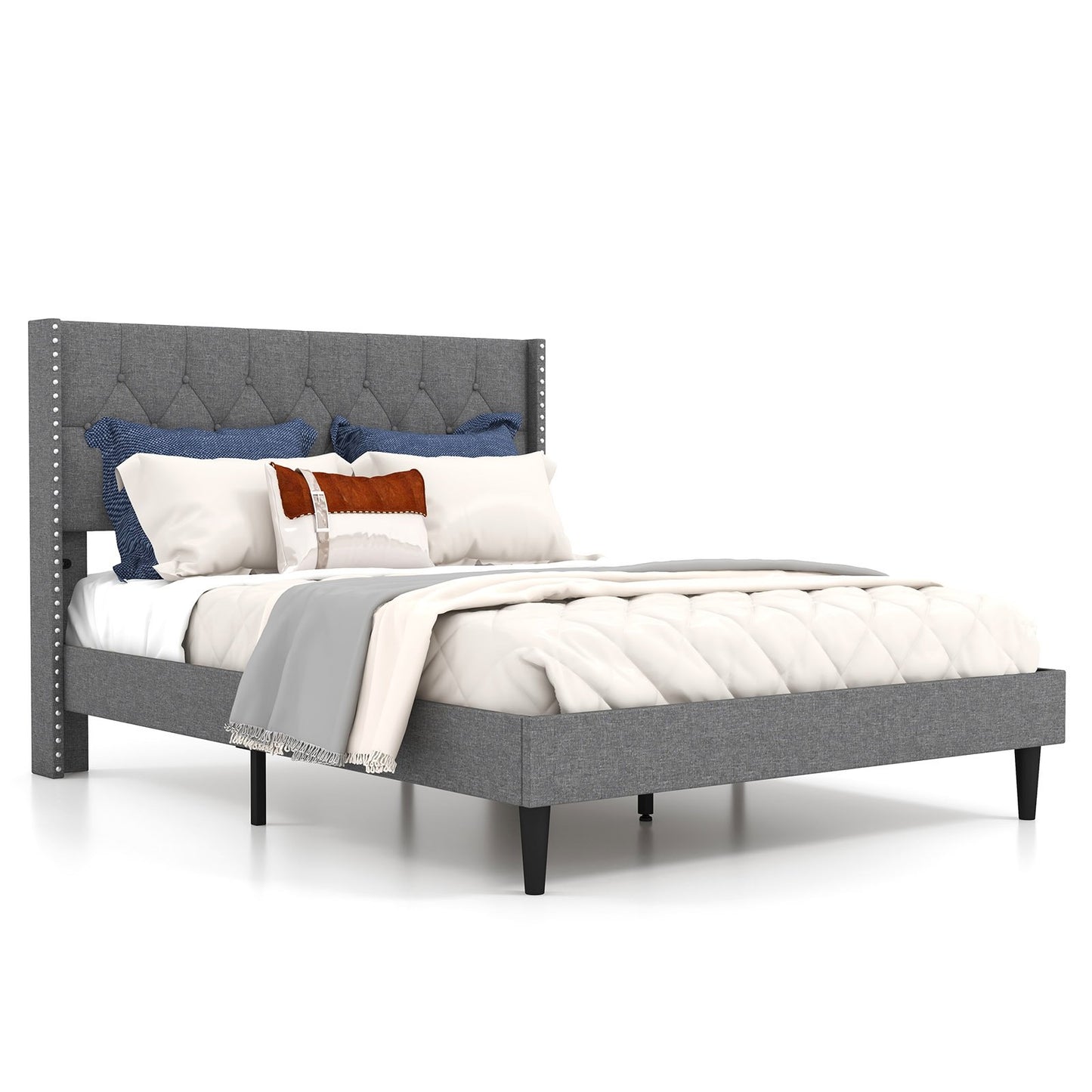 Full/Queen Size Upholstered Platform Bed with Button Tufted Headboard-Full Size, Gray Simple Bed Frame   at Gallery Canada