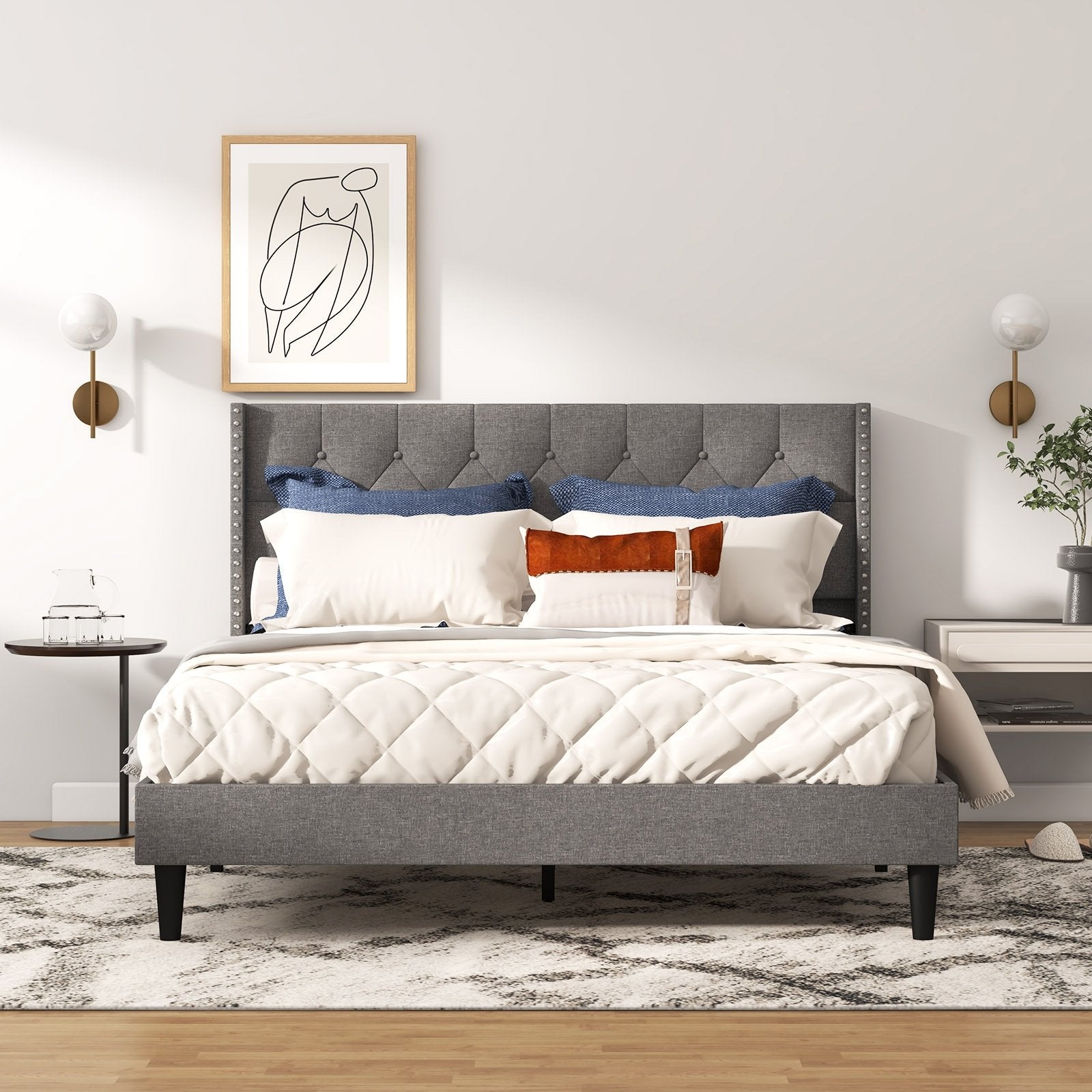 Full/Queen Size Upholstered Platform Bed with Button Tufted Headboard-Queen Size, Gray Simple Bed Frame   at Gallery Canada