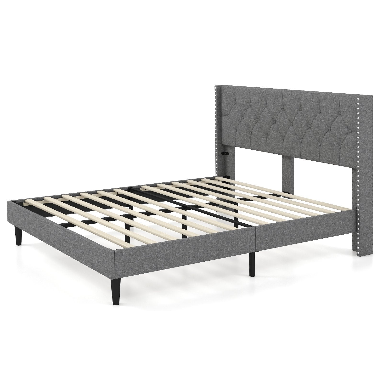 Full/Queen Size Upholstered Platform Bed with Button Tufted Headboard-Queen Size, Gray Simple Bed Frame   at Gallery Canada