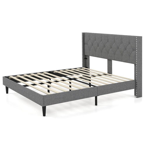 Full/Queen Size Upholstered Platform Bed with Button Tufted Headboard-Queen Size, Gray