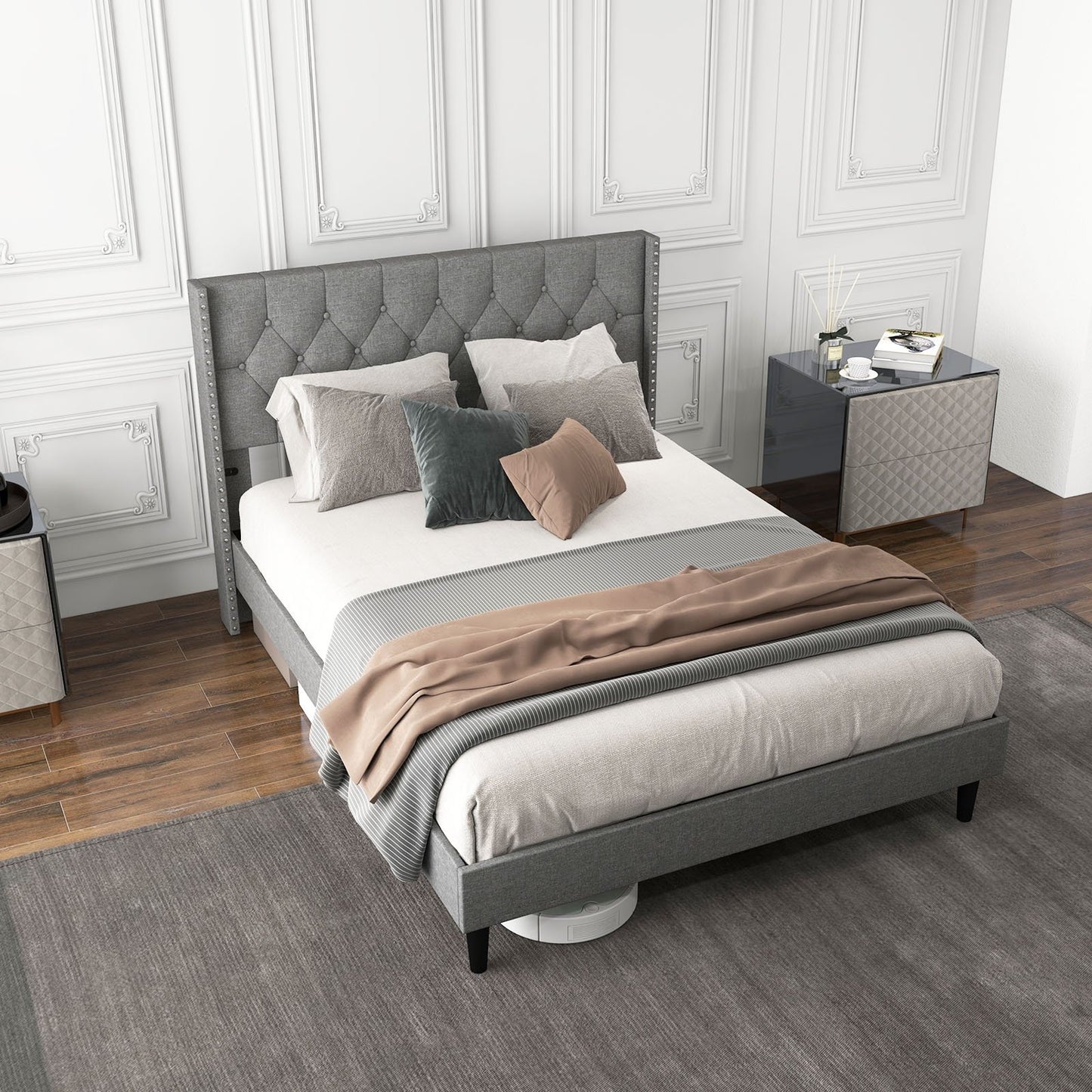 Full/Queen Size Upholstered Platform Bed with Button Tufted Headboard-Full Size, Gray Simple Bed Frame   at Gallery Canada