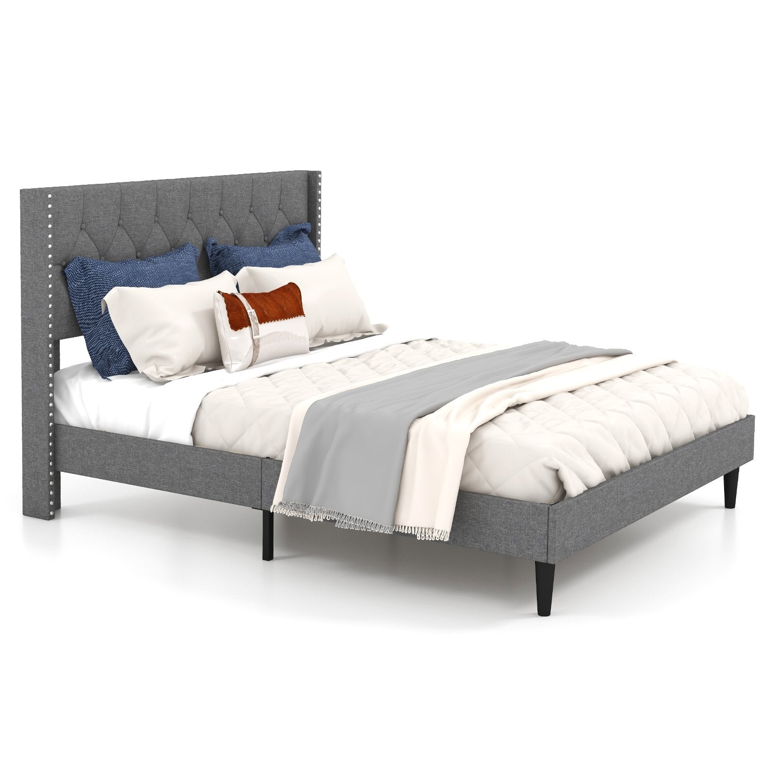 Full/Queen Size Upholstered Platform Bed with Button Tufted Headboard-Queen Size, Gray Simple Bed Frame   at Gallery Canada