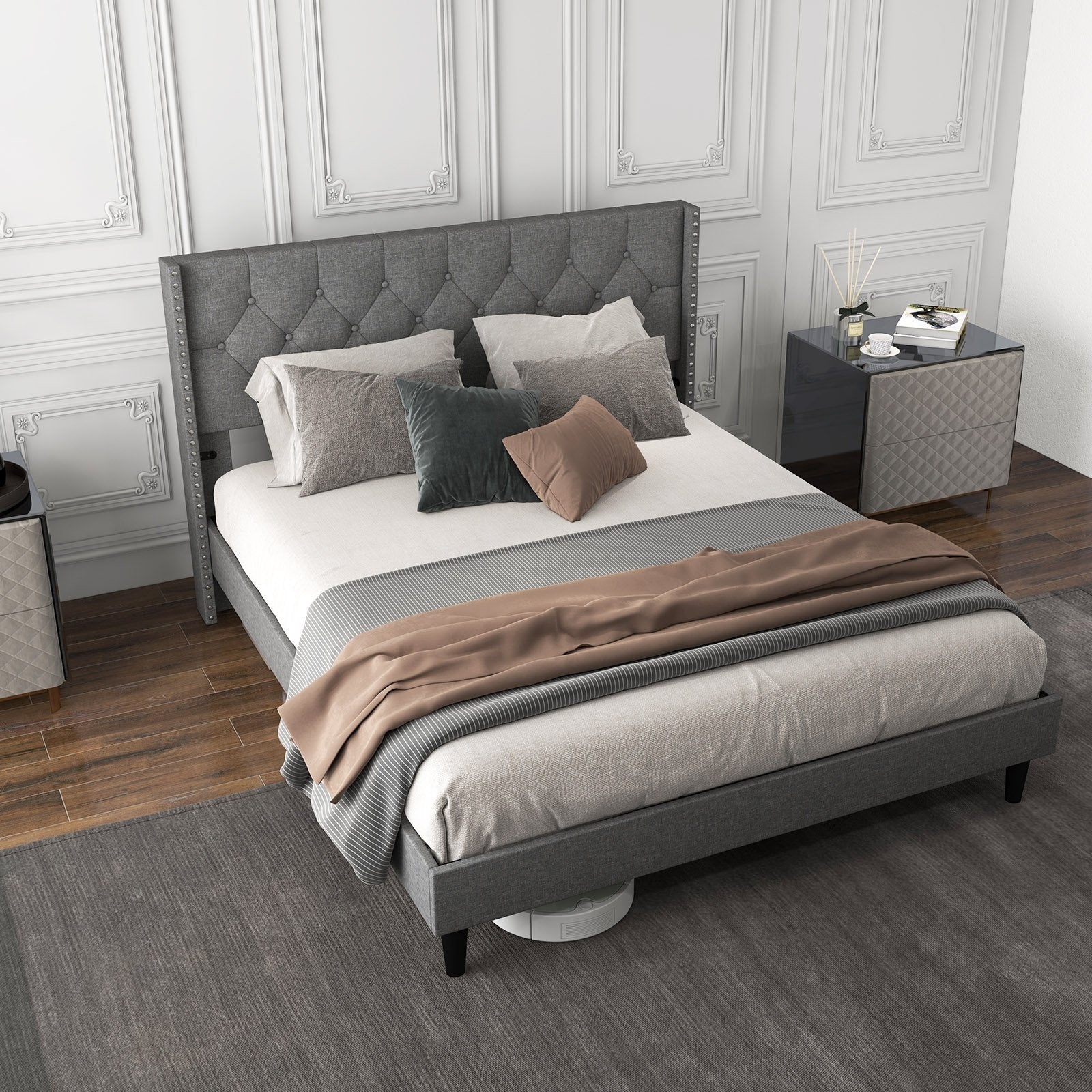 Full/Queen Size Upholstered Platform Bed with Button Tufted Headboard-Queen Size, Gray Simple Bed Frame   at Gallery Canada