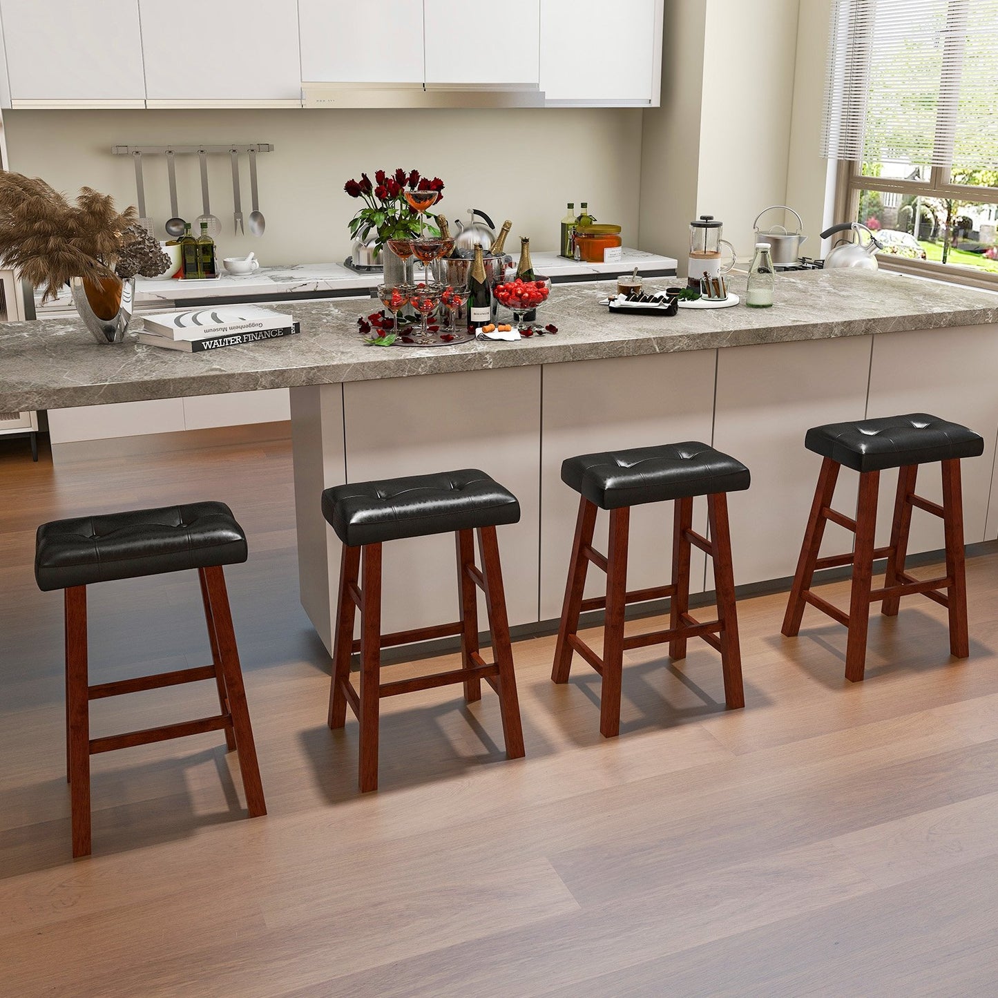 Set of 2 Modern Backless Bar Stools with Padded Cushion-29 inches, Black Bar Stools   at Gallery Canada