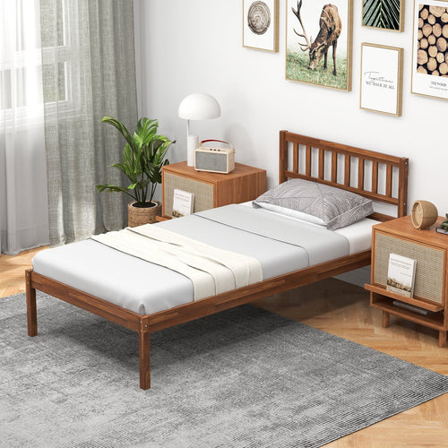 Twin/Full/Queen Size Wood Bed Frame with Headboard and Slat Support-Twin Size, Walnut