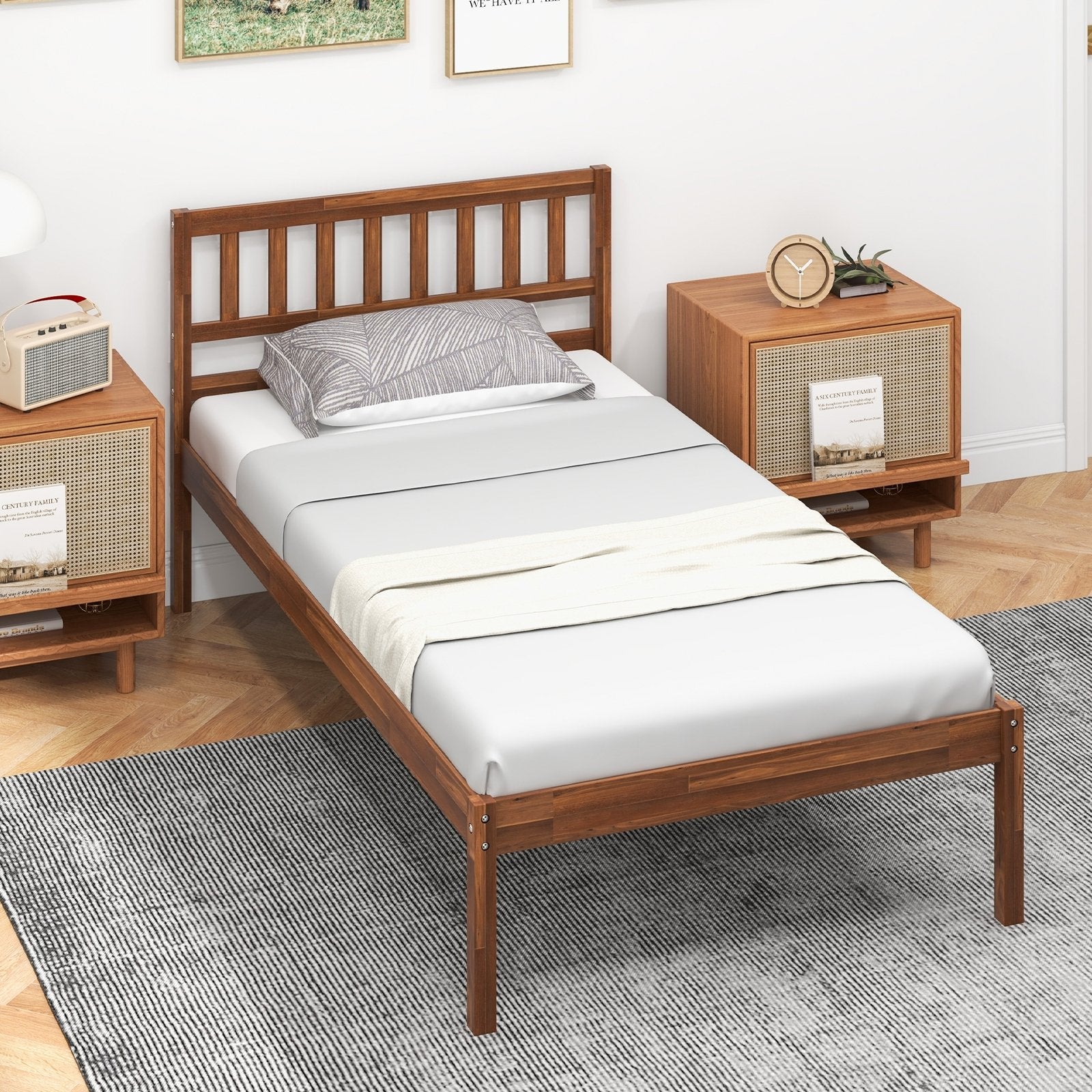 Twin/Full/Queen Size Wood Bed Frame with Headboard and Slat Support-Twin Size, Walnut Simple Bed Frame   at Gallery Canada