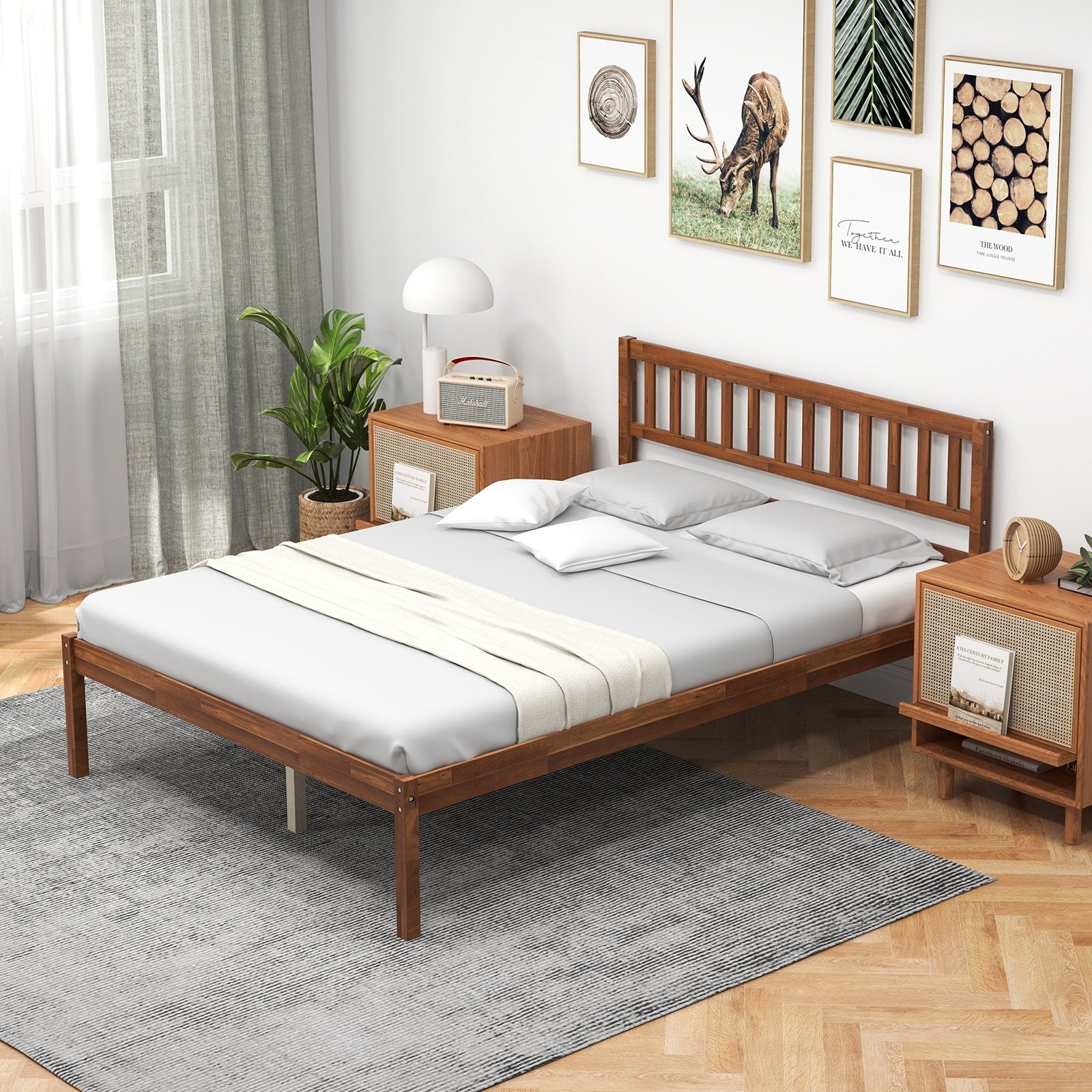 Twin/Full/Queen Size Wood Bed Frame with Headboard and Slat Support-Full Size, Walnut Simple Bed Frame   at Gallery Canada