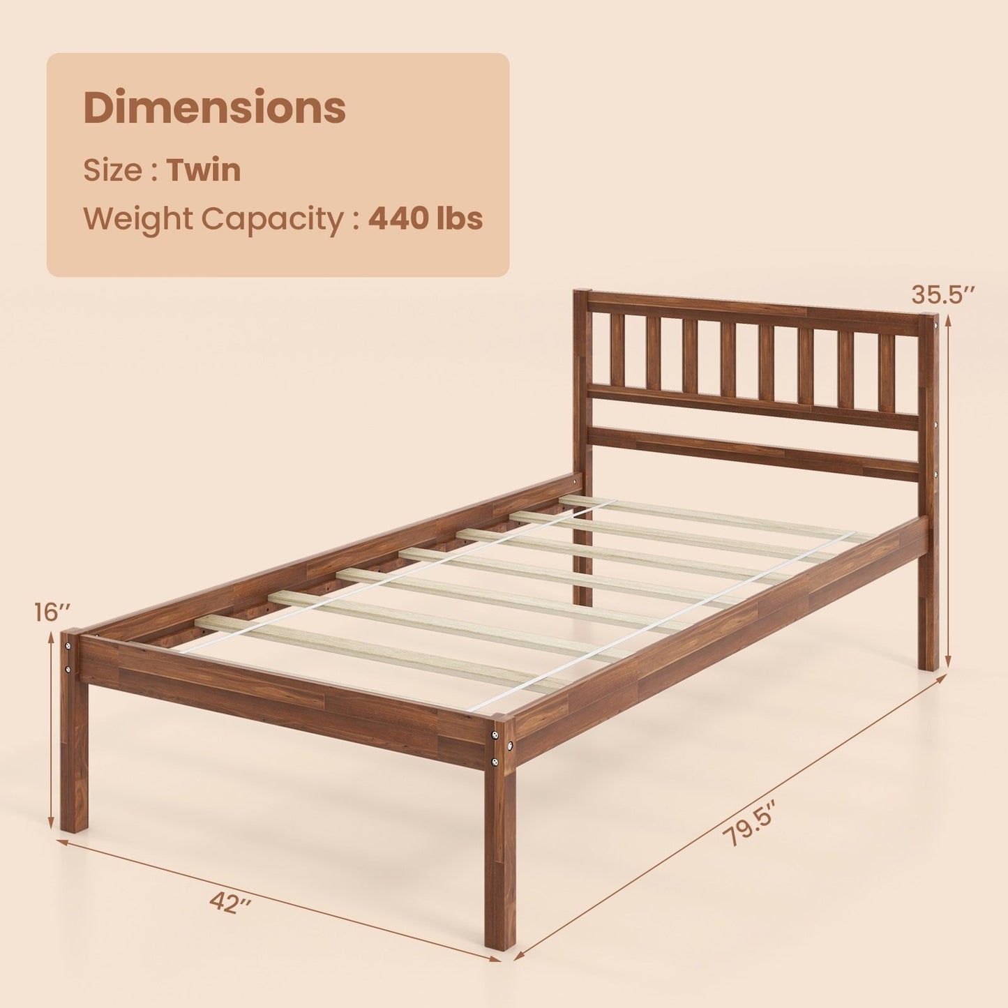 Twin/Full/Queen Size Wood Bed Frame with Headboard and Slat Support-Twin Size, Walnut Simple Bed Frame   at Gallery Canada