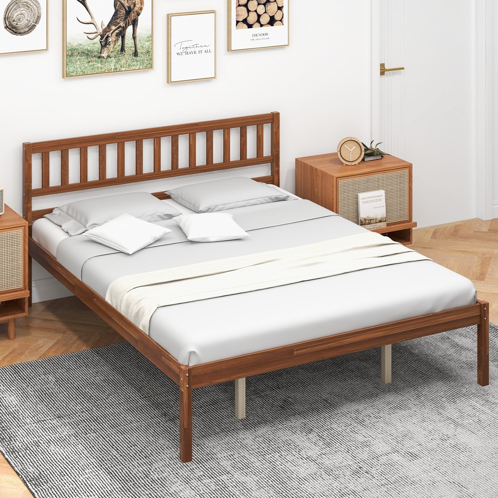 Twin/Full/Queen Size Wood Bed Frame with Headboard and Slat Support-Queen Size, Walnut Simple Bed Frame   at Gallery Canada