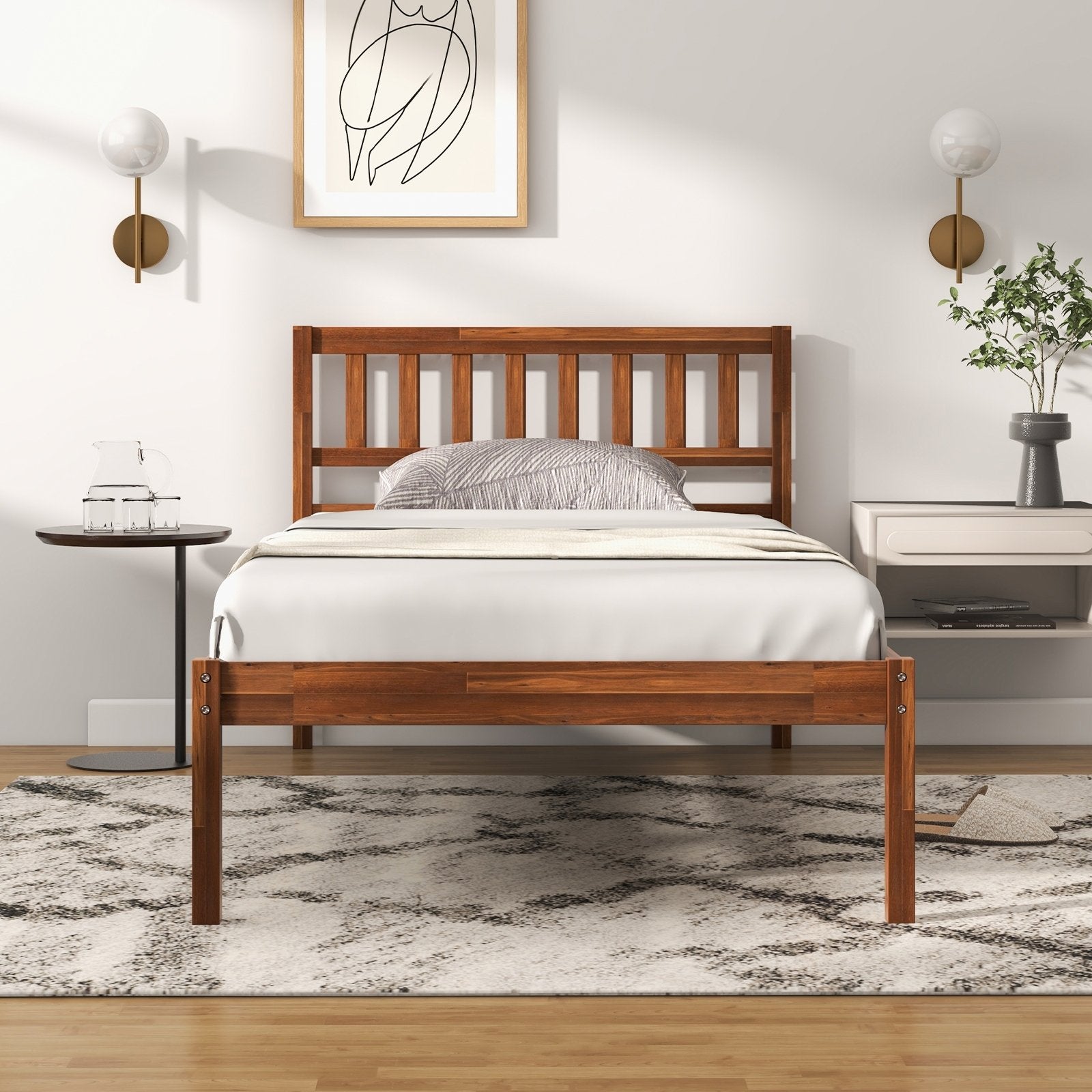 Twin/Full/Queen Size Wood Bed Frame with Headboard and Slat Support-Twin Size, Walnut Simple Bed Frame   at Gallery Canada