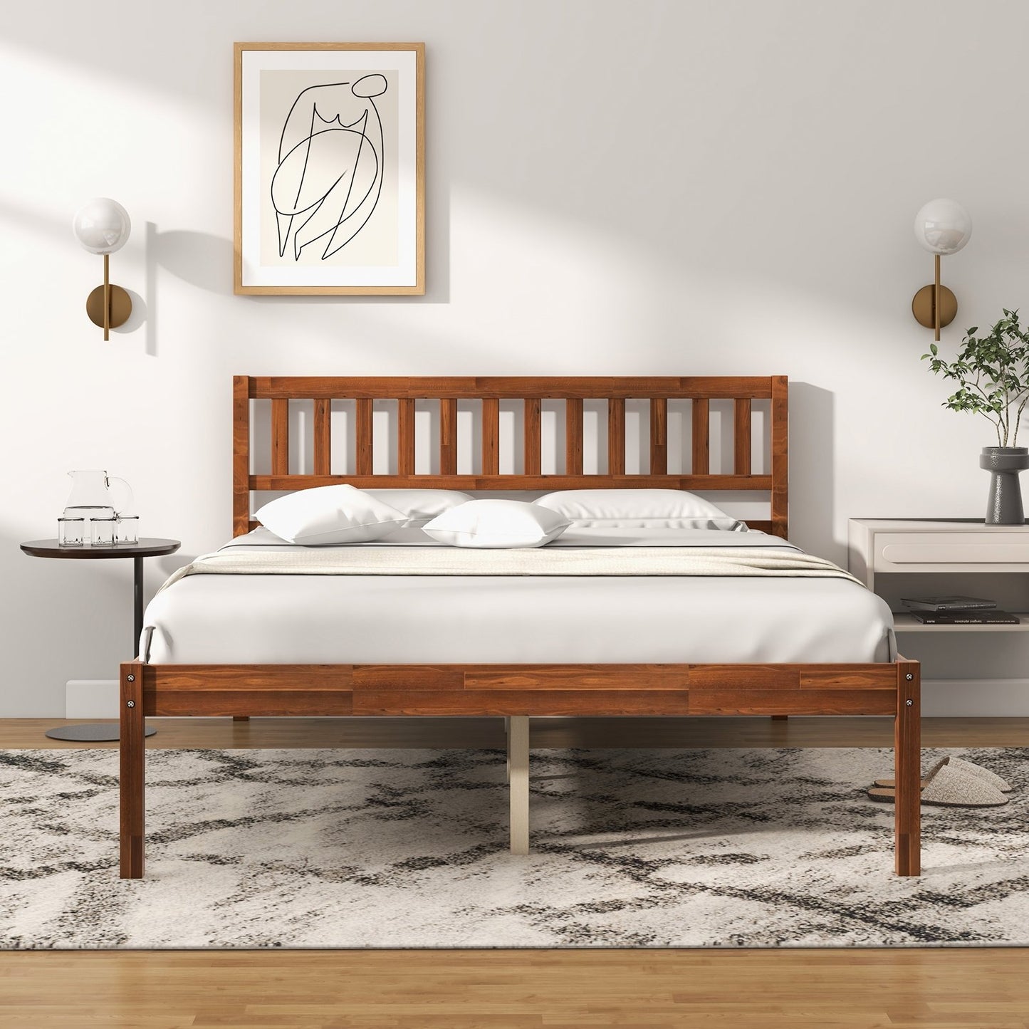 Twin/Full/Queen Size Wood Bed Frame with Headboard and Slat Support-Full Size, Walnut Simple Bed Frame   at Gallery Canada