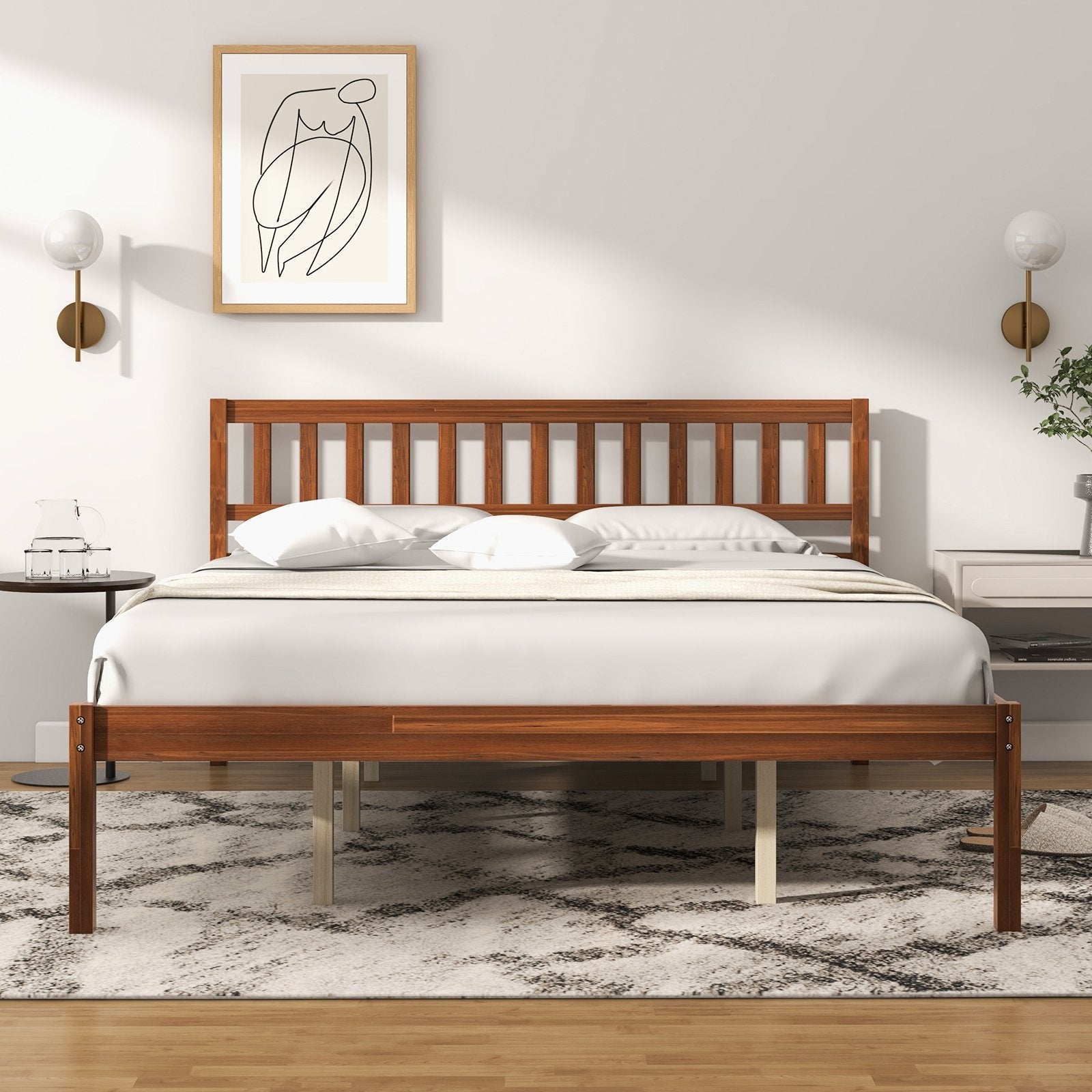 Twin/Full/Queen Size Wood Bed Frame with Headboard and Slat Support-Queen Size, Walnut Simple Bed Frame   at Gallery Canada