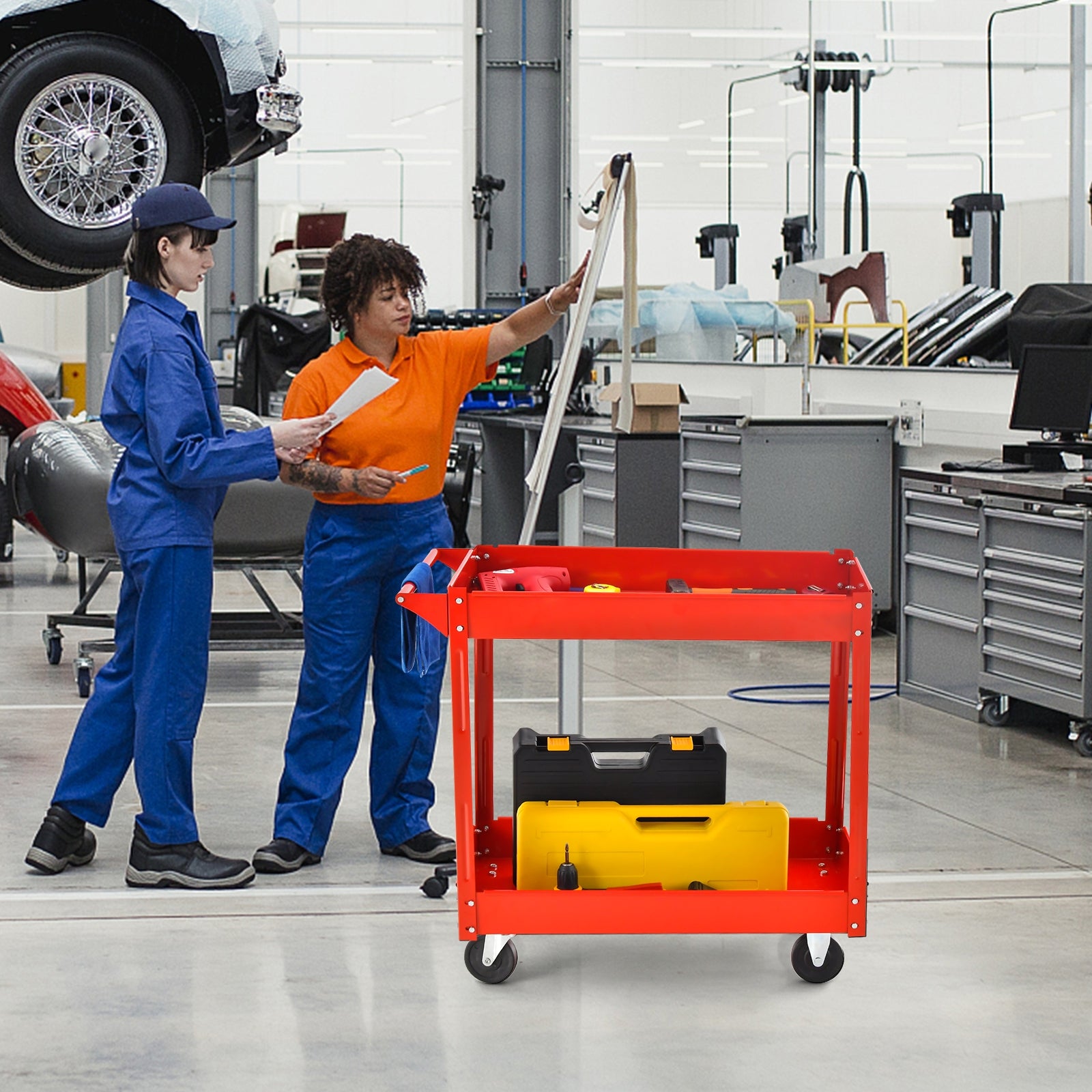 2-Tier Utility Cart with Handle and Heavy-Duty Metal Frame, Red Garages at Gallery Canada
