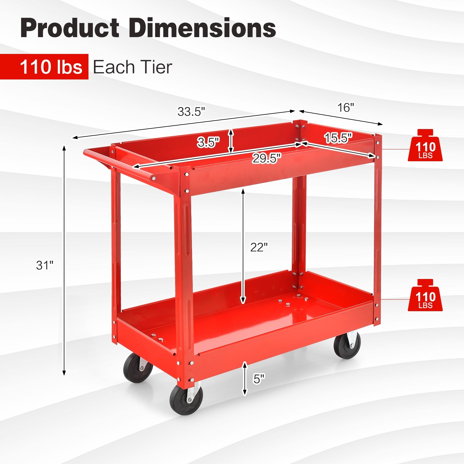 2-Tier Utility Cart with Handle and Heavy-Duty Metal Frame, Red Garages at Gallery Canada