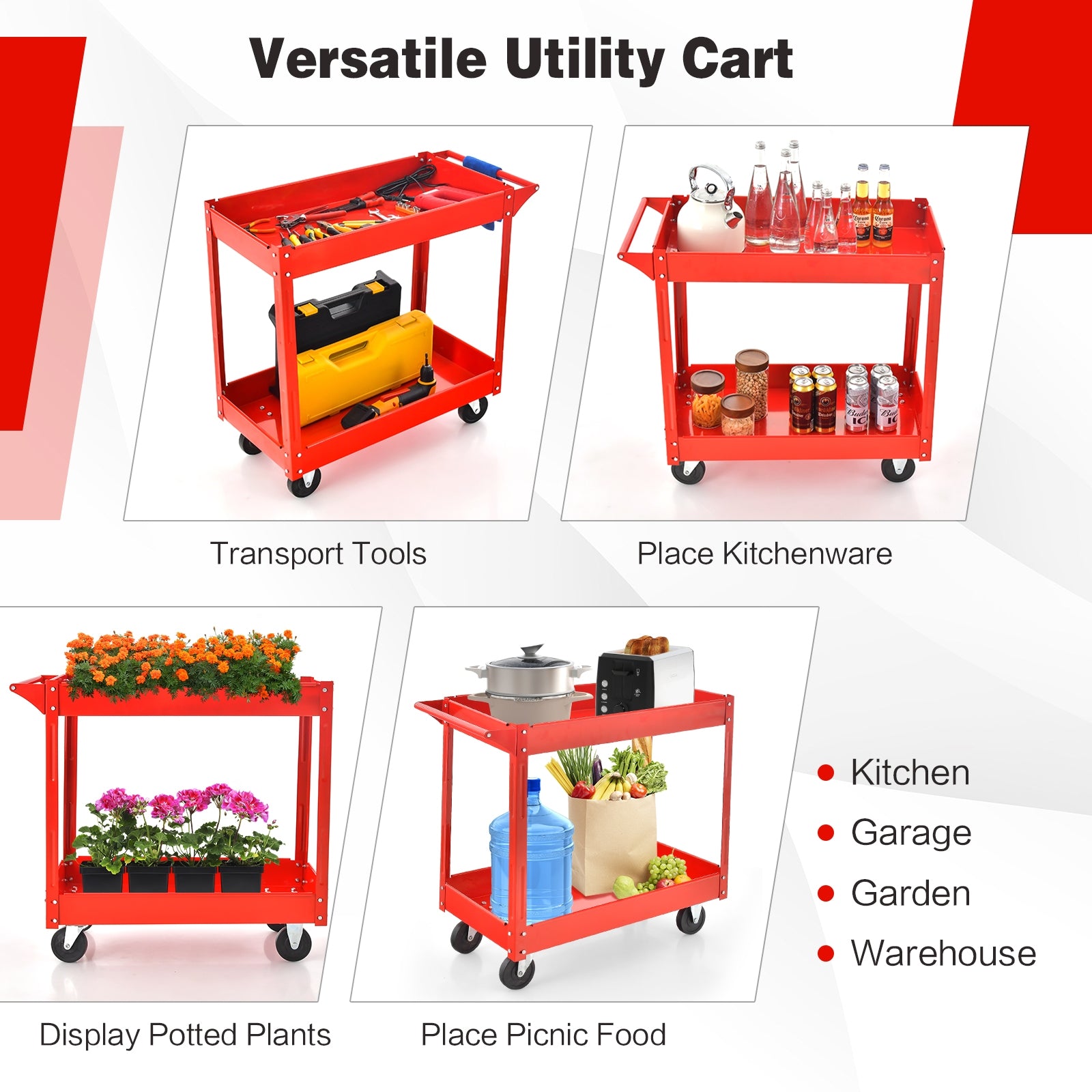 2-Tier Utility Cart with Handle and Heavy-Duty Metal Frame, Red Garages at Gallery Canada