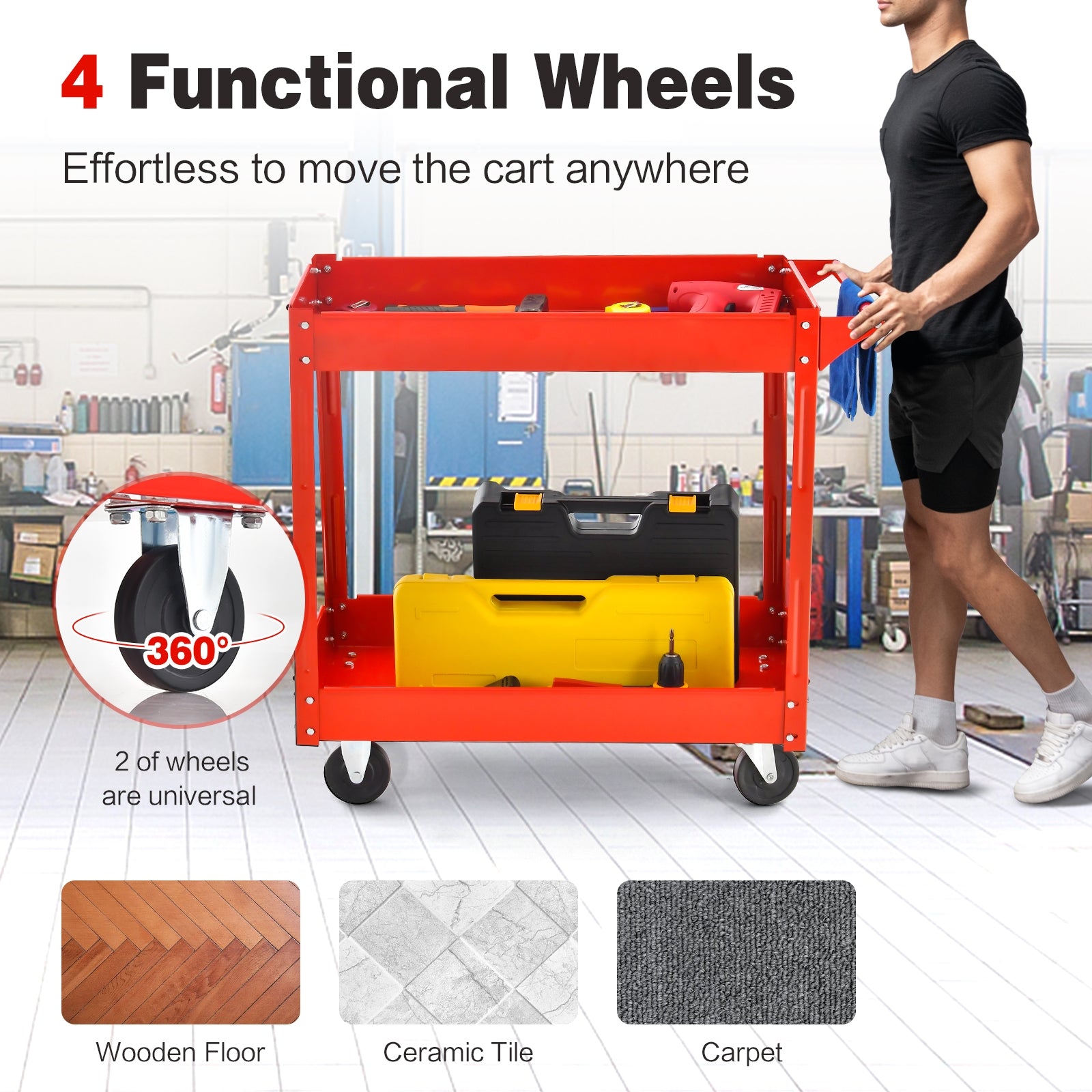2-Tier Utility Cart with Handle and Heavy-Duty Metal Frame, Red Garages at Gallery Canada