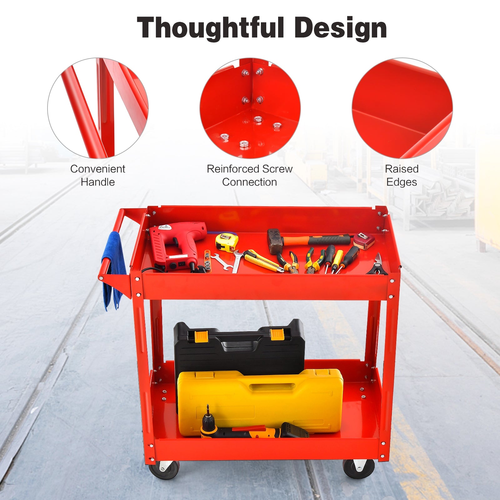 2-Tier Utility Cart with Handle and Heavy-Duty Metal Frame, Red Garages at Gallery Canada
