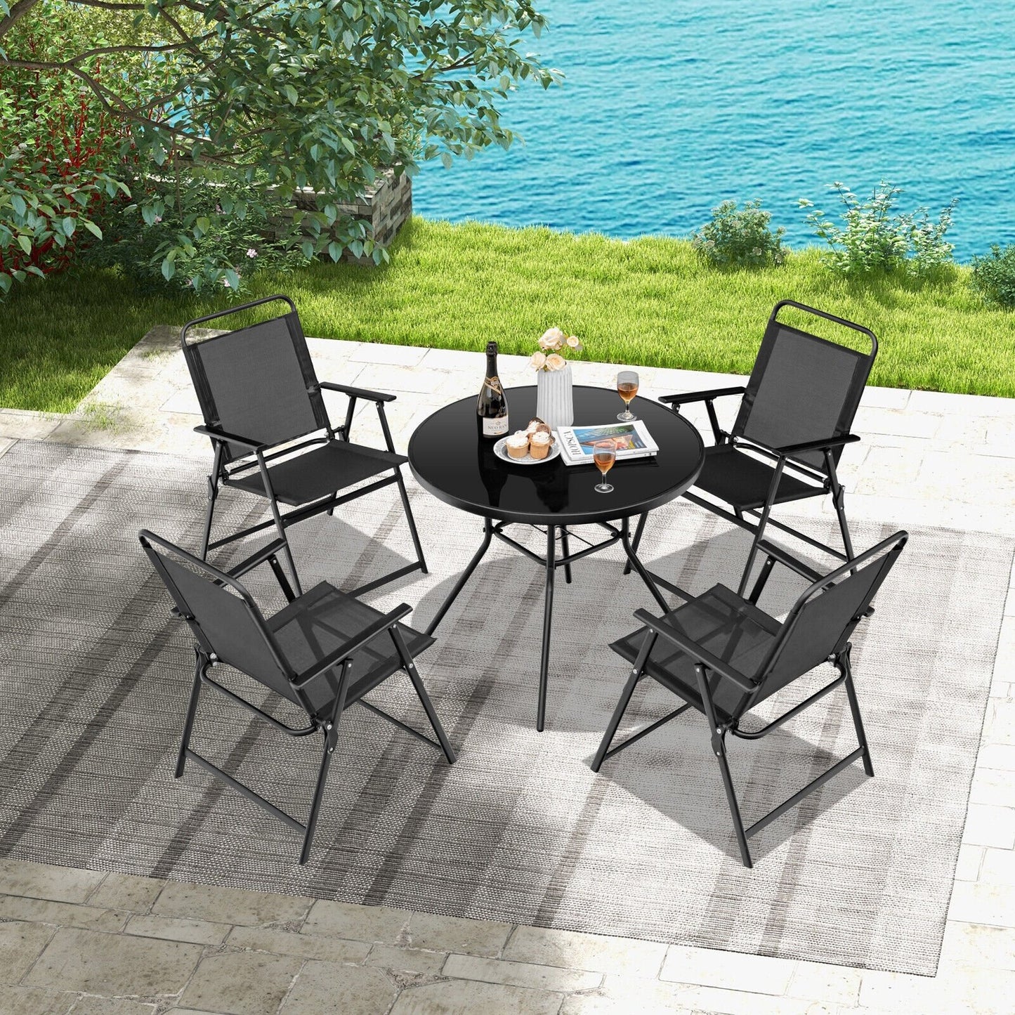 Set of 2/4/6 Outdoor Folding Chairs with Breathable Seat-Set of 4, Black Patio Dining Chairs   at Gallery Canada