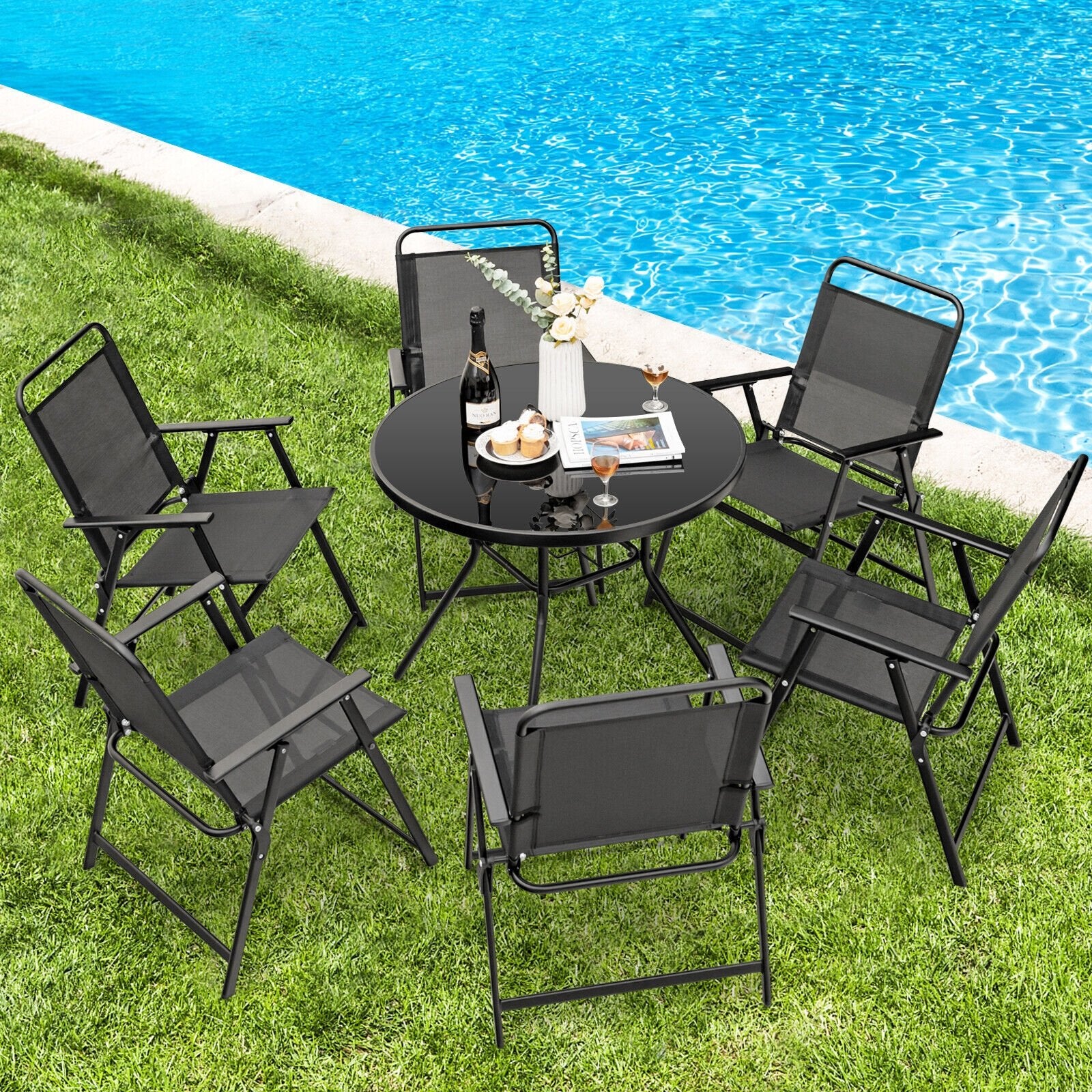 Set of 2/4/6 Outdoor Folding Chairs with Breathable Seat-Set of 4, Black Patio Dining Chairs   at Gallery Canada