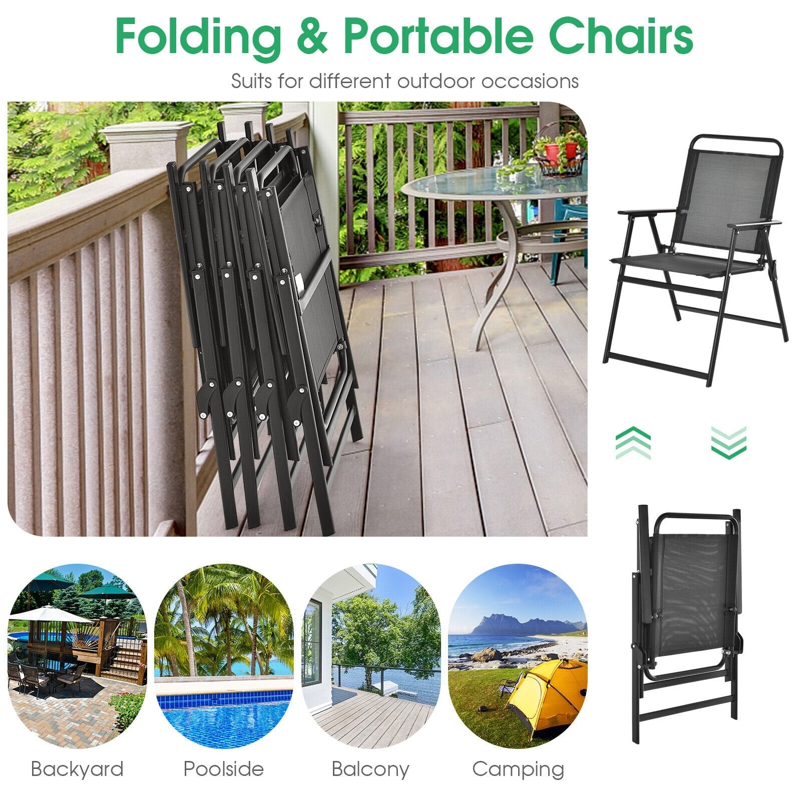 Set of 2/4/6 Outdoor Folding Chairs with Breathable Seat-Set of 6, Black Patio Dining Chairs   at Gallery Canada