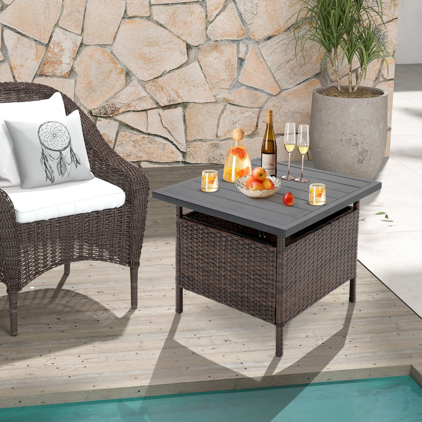 Patio Square Wicker Side Table with Umbrella Hole for Yard Garden Poolside, Brown Patio Coffee Tables   at Gallery Canada