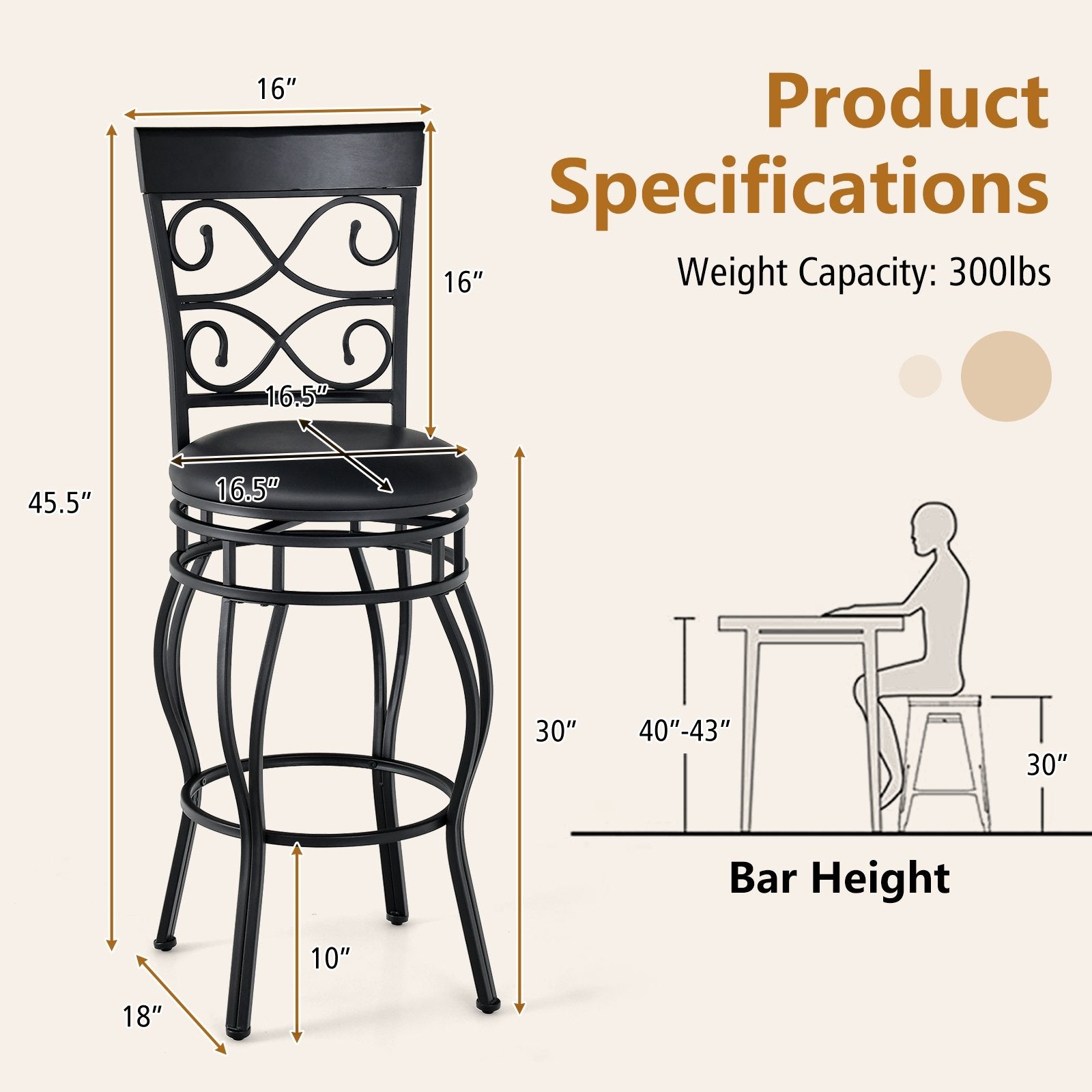 Set of 2 30 Inch Bar Stool with Backrest and Footrest, Black Bar Stools   at Gallery Canada