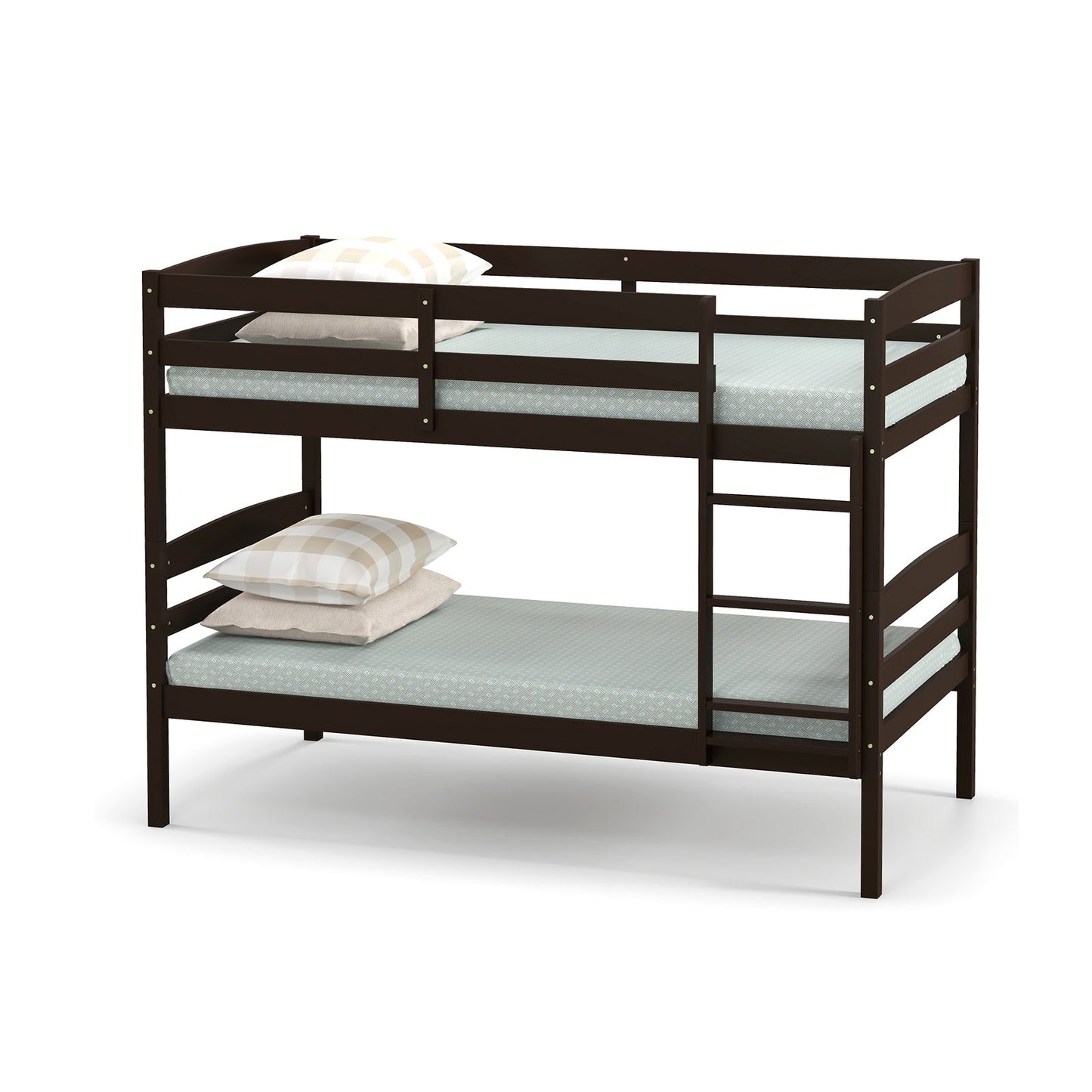 Solid Wood Twin Over Twin Bunk Bed Frame with High Guardrails and Integrated Ladder, Espresso - Gallery Canada