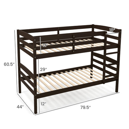 Solid Wood Twin Over Twin Bunk Bed Frame with High Guardrails and Integrated Ladder, Espresso - Gallery Canada