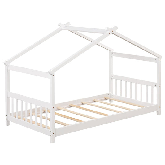 Twin Size Wooden House Bed with Roof, White Simple Bed Frame   at Gallery Canada