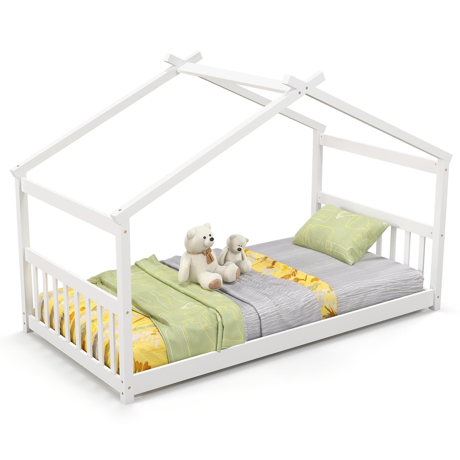 Twin Size Wooden House Bed with Roof, White Simple Bed Frame   at Gallery Canada