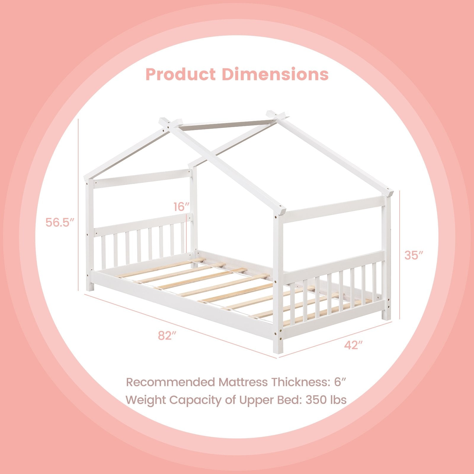 Twin Size Wooden House Bed with Roof, White Simple Bed Frame   at Gallery Canada