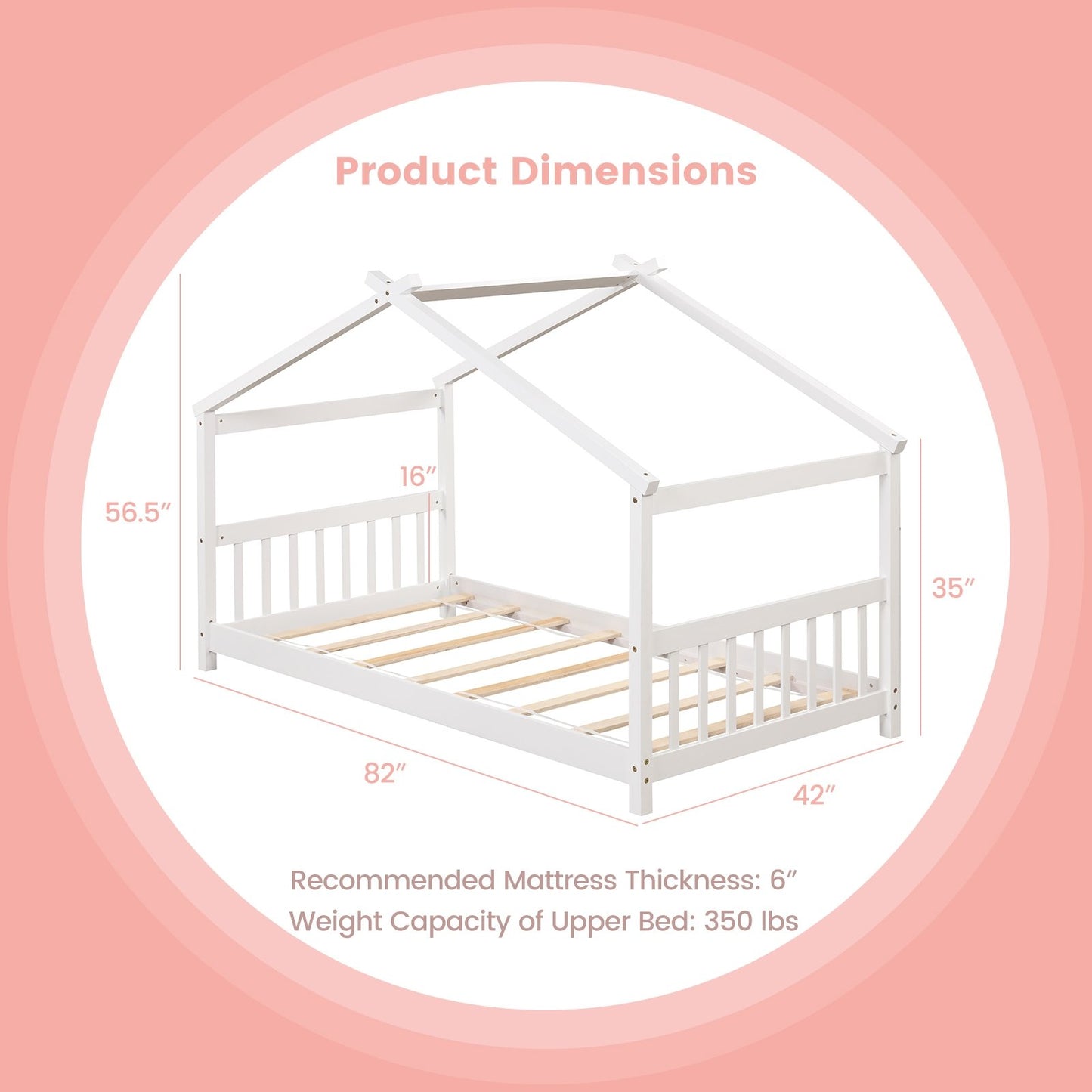 Twin Size Wooden House Bed with Roof, White Simple Bed Frame   at Gallery Canada