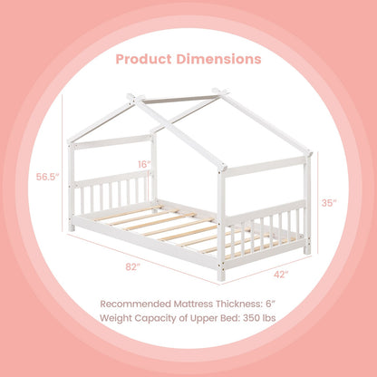 Twin Size Wooden House Bed with Roof, White Simple Bed Frame   at Gallery Canada