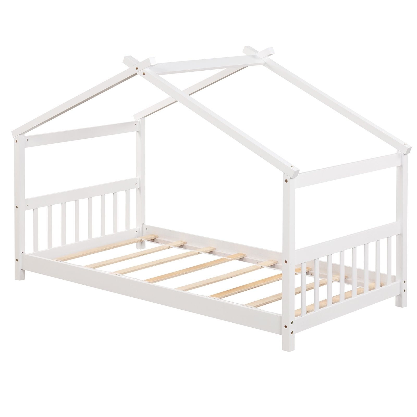 Twin Size Wooden House Bed with Roof, White Simple Bed Frame   at Gallery Canada