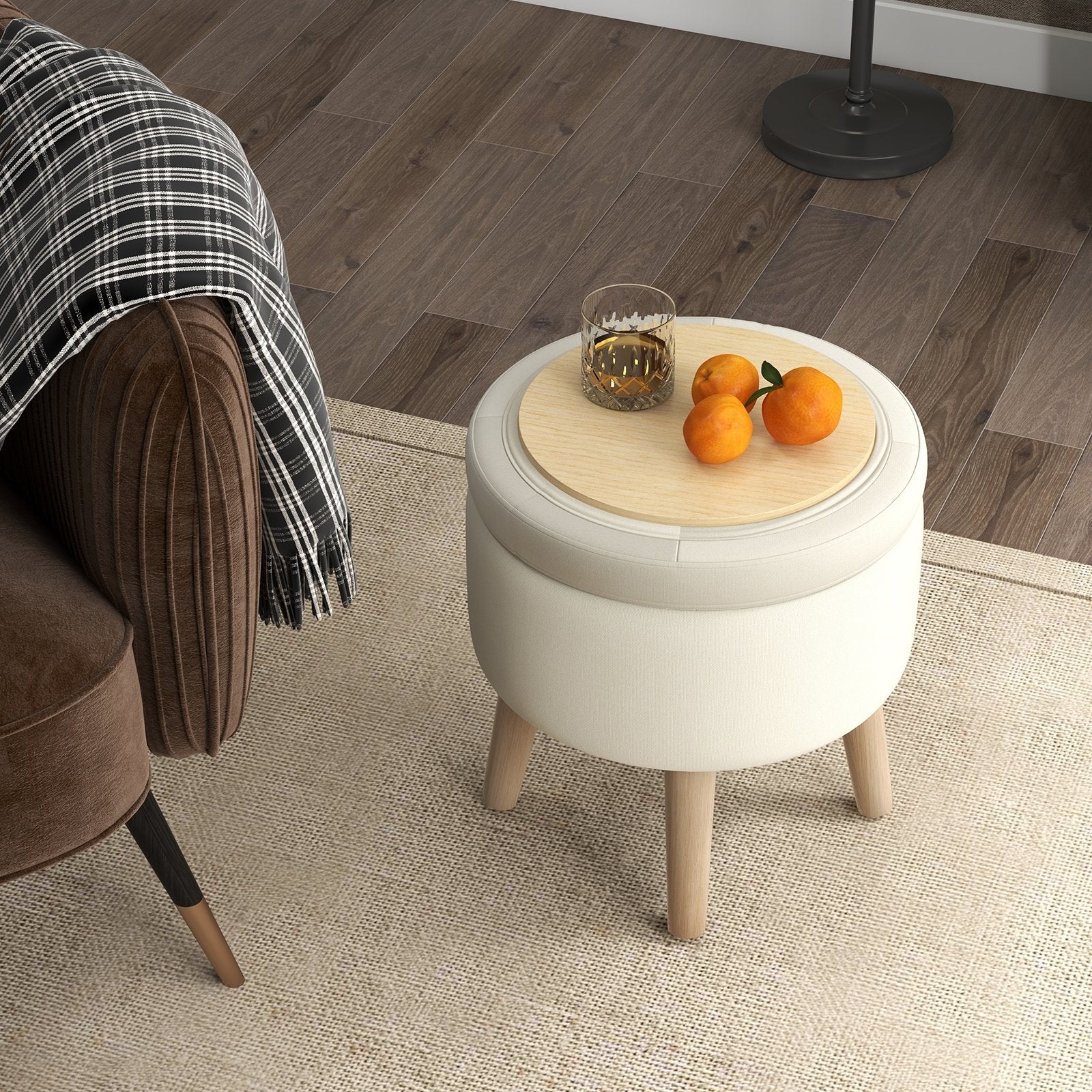 Round Storage Ottoman with Rubber Wood Legs and Adjustable Foot Pads, Beige Ottomans   at Gallery Canada