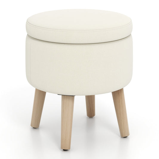 Round Storage Ottoman with Rubber Wood Legs and Adjustable Foot Pads, Beige - Gallery Canada