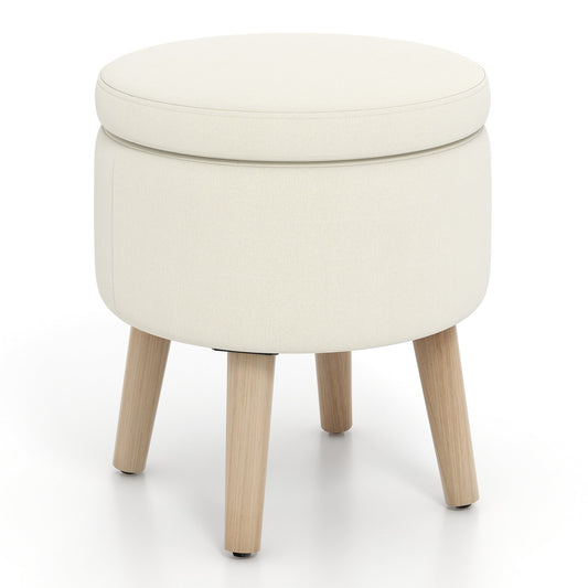 Round Storage Ottoman with Rubber Wood Legs and Adjustable Foot Pads, Beige Ottomans   at Gallery Canada