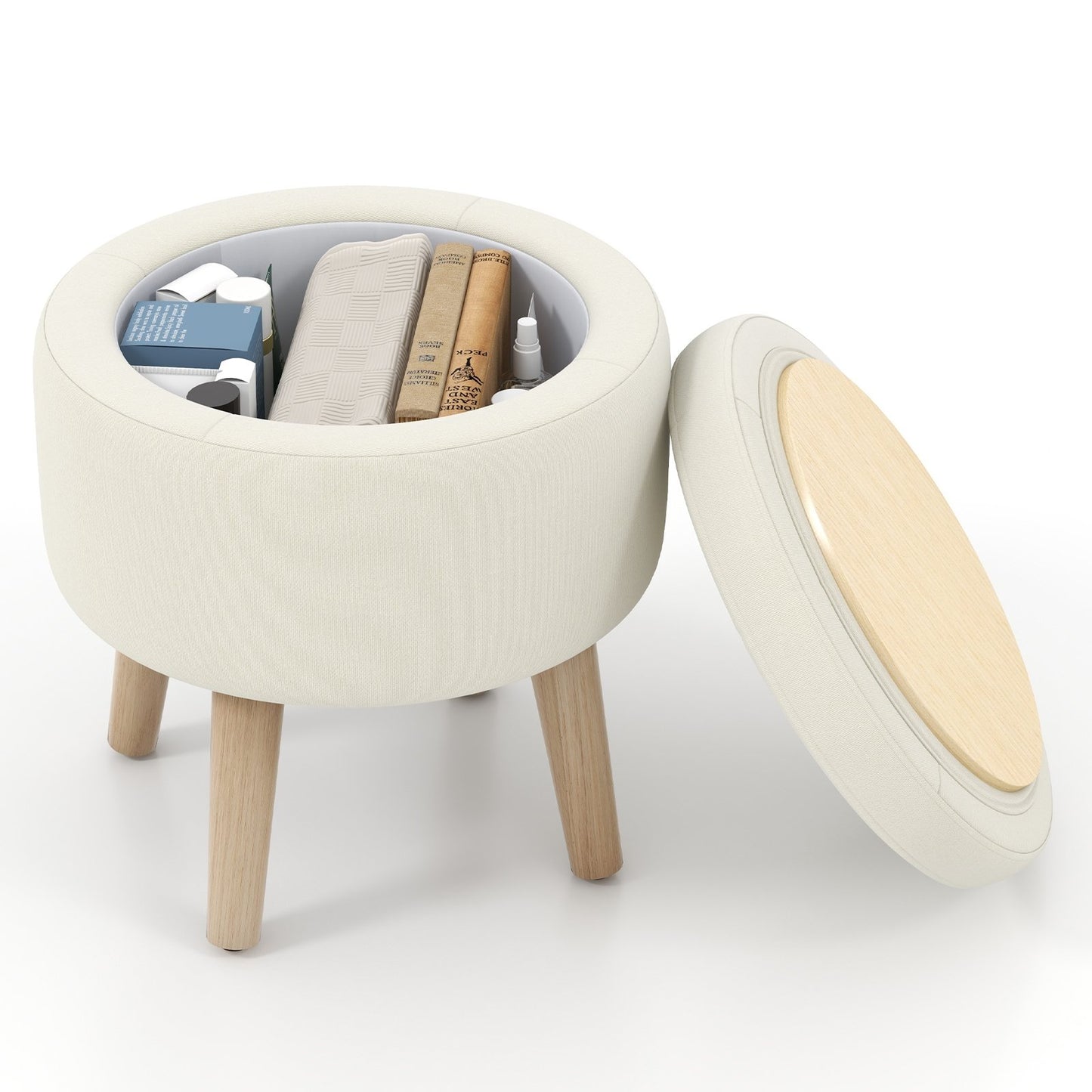 Round Storage Ottoman with Rubber Wood Legs and Adjustable Foot Pads, Beige Ottomans   at Gallery Canada