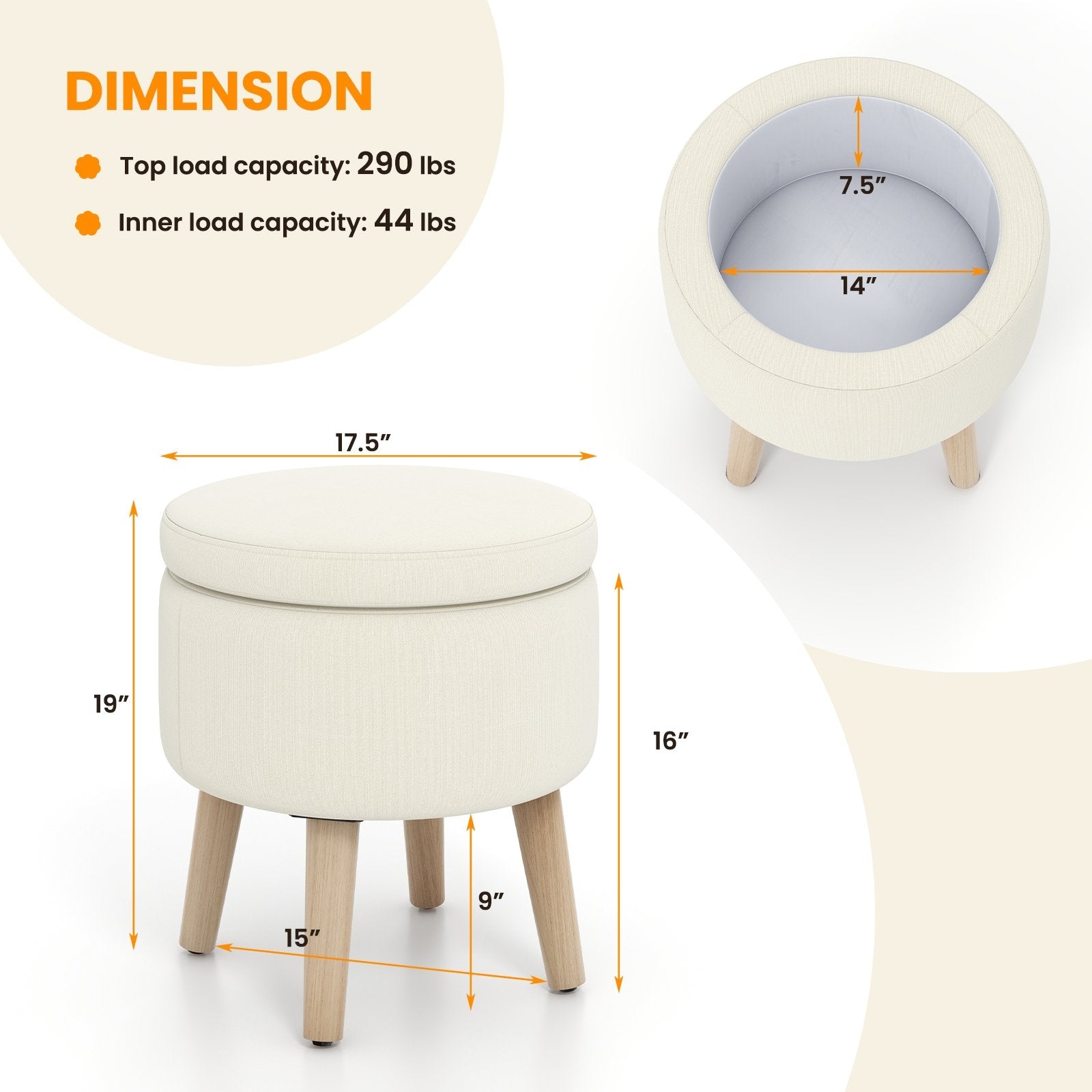 Round Storage Ottoman with Rubber Wood Legs and Adjustable Foot Pads, Beige Ottomans   at Gallery Canada