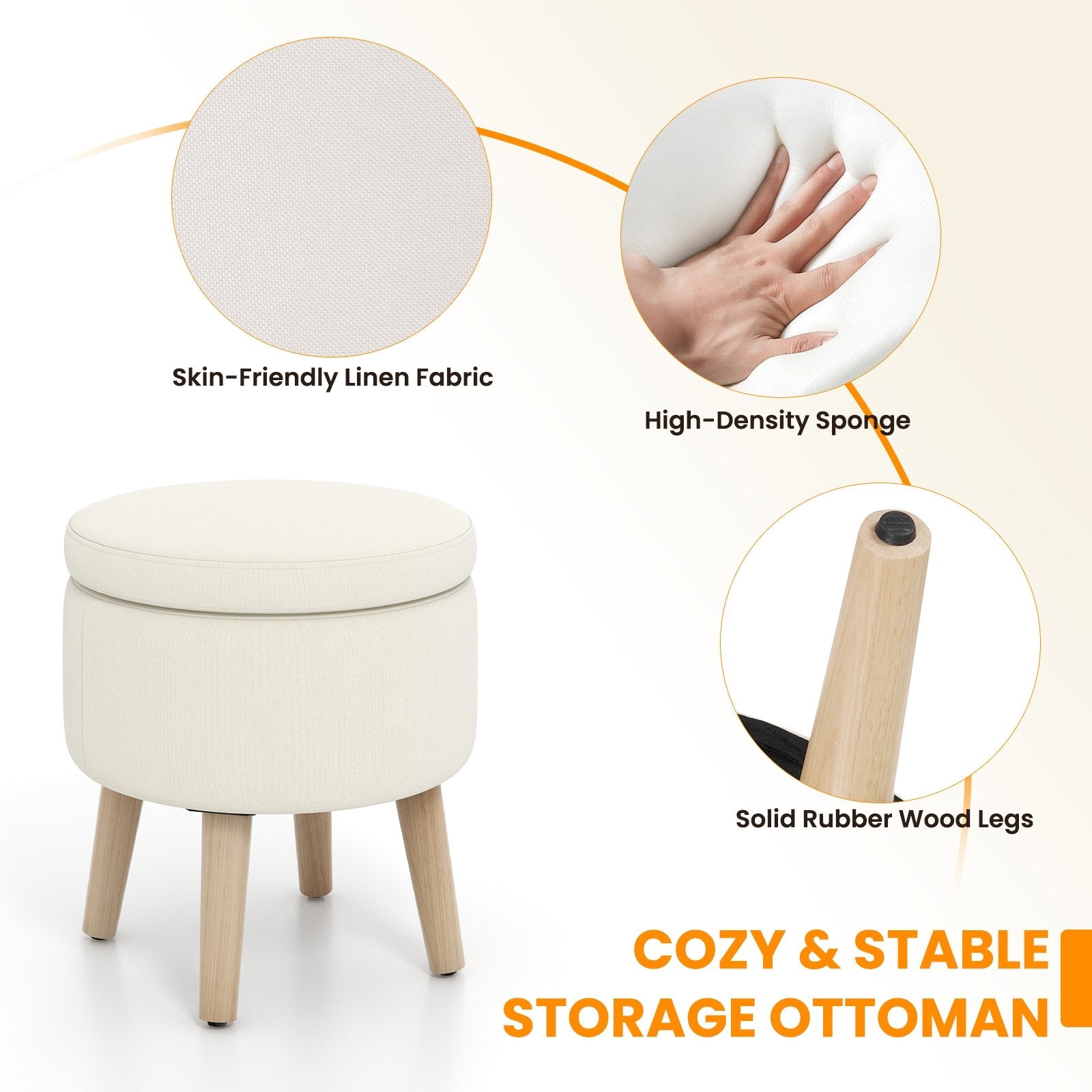 Round Storage Ottoman with Rubber Wood Legs and Adjustable Foot Pads, Beige Ottomans   at Gallery Canada